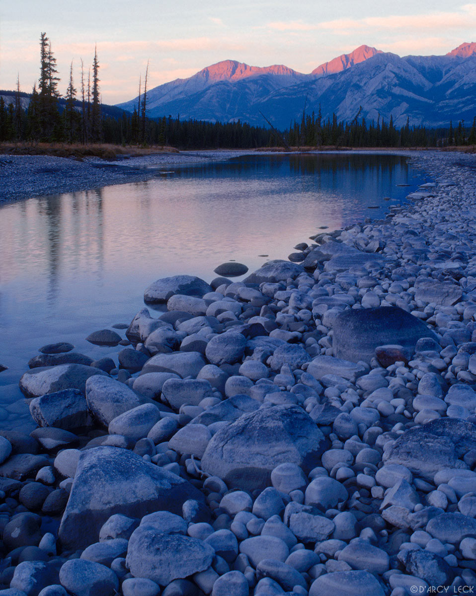 Athabasca River and the Colin range at sunset, Jasper National Park, Canada
