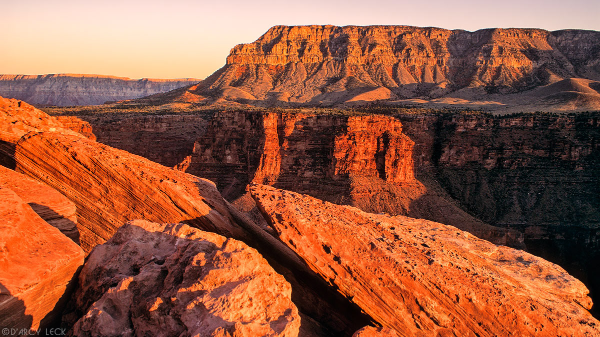 Eroded sandstone rock of canyon walls at sunset, Toroweap Overlook, Grand Canyon National Park, Arizona