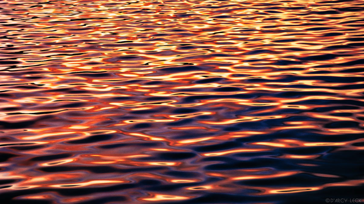 Sunset reflecting in rippled water, Moorea, French Polynesia