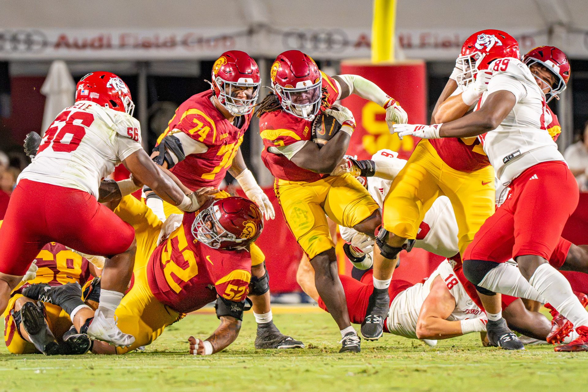 USC Waymond Jordan (#2/RB) runs through a hole in the Fresno State defense on September 4th 2026.