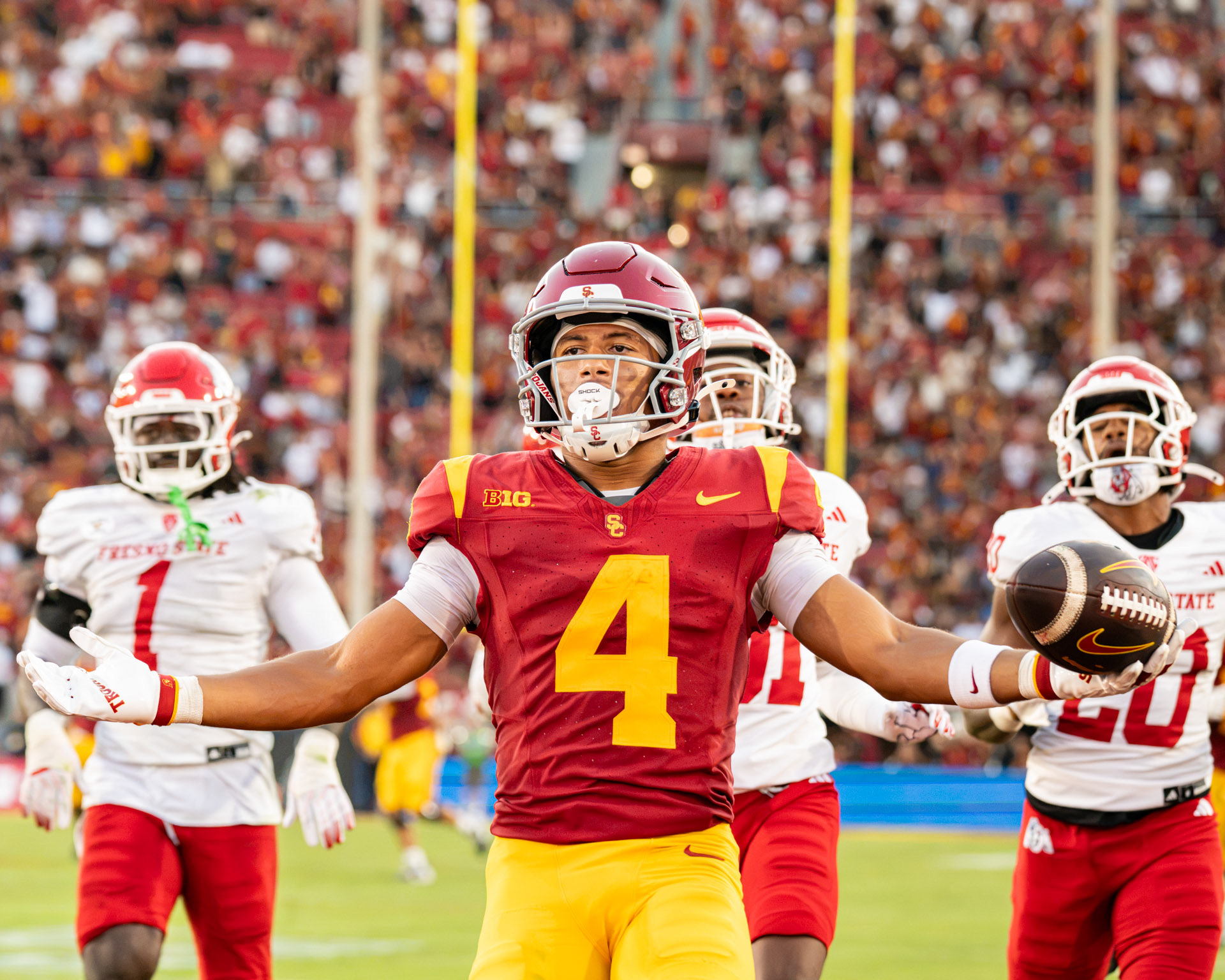 USC's Trent Mosley (#4/WR) celebrates a 68 yard touchdown on September 4th 2026.