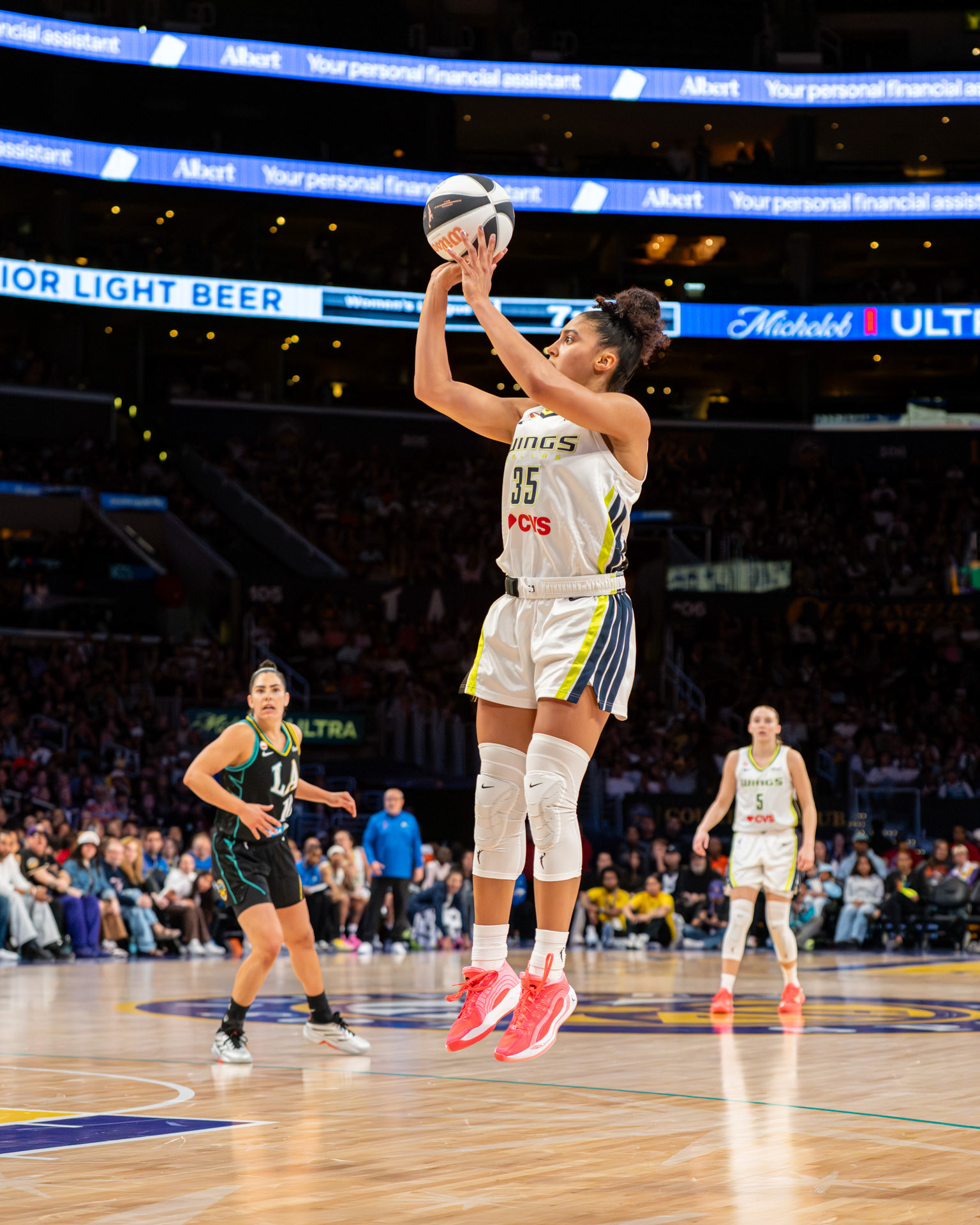 Dallas Wings Azzi Fudd (#35/SG) hits a three point shot at a away game on June 5th 2026.