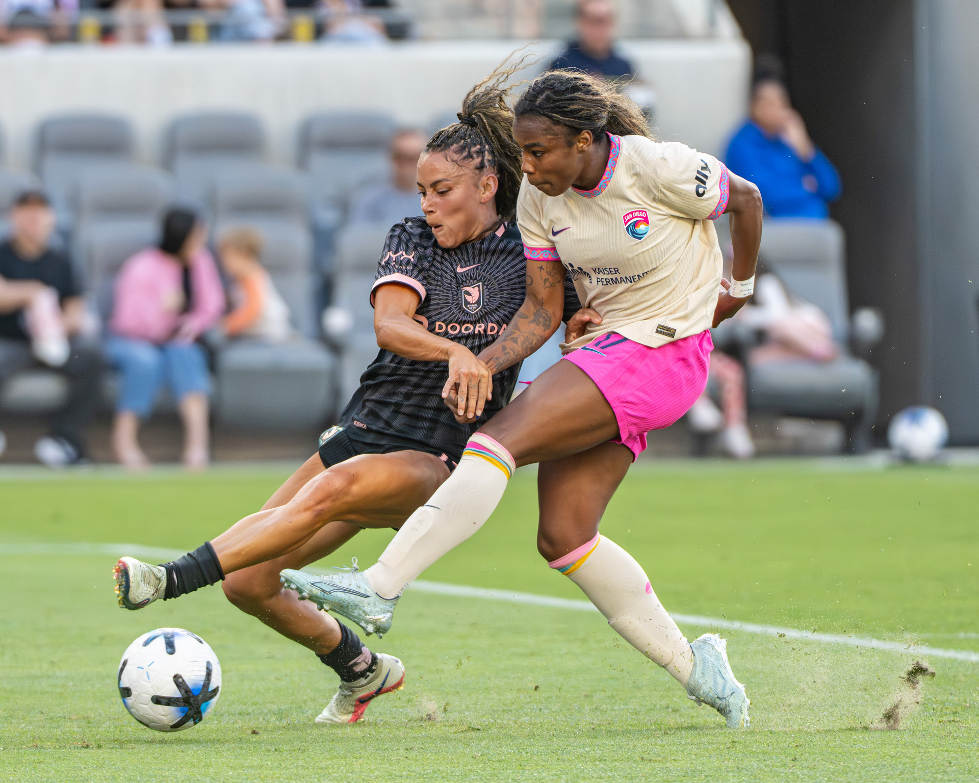 Angel City FC (#11/D) Sarah Gorden stops the San Diego wave forward from scoring on May 9th 2026.