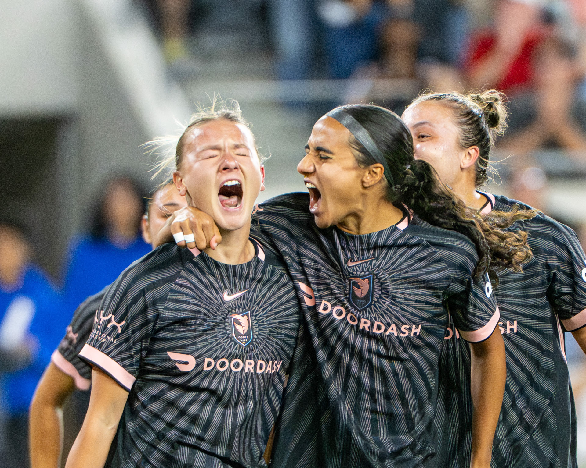 Angel City FC Kennedy Fuller (#17/M) celebrates her goal with teammates on May 20th 2026.