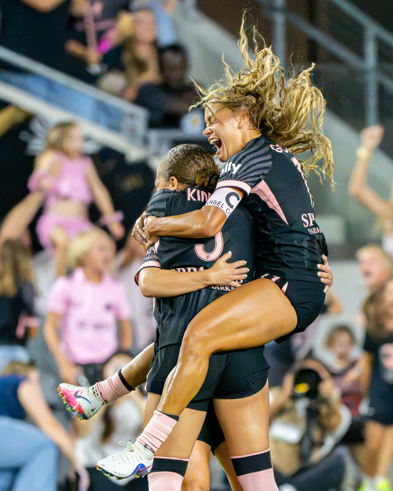 Angel City FC (#11/D) Sarah Gorden celebrates (#17/MF) Ally Sentnor's first goal for their club on August 16th 2026.