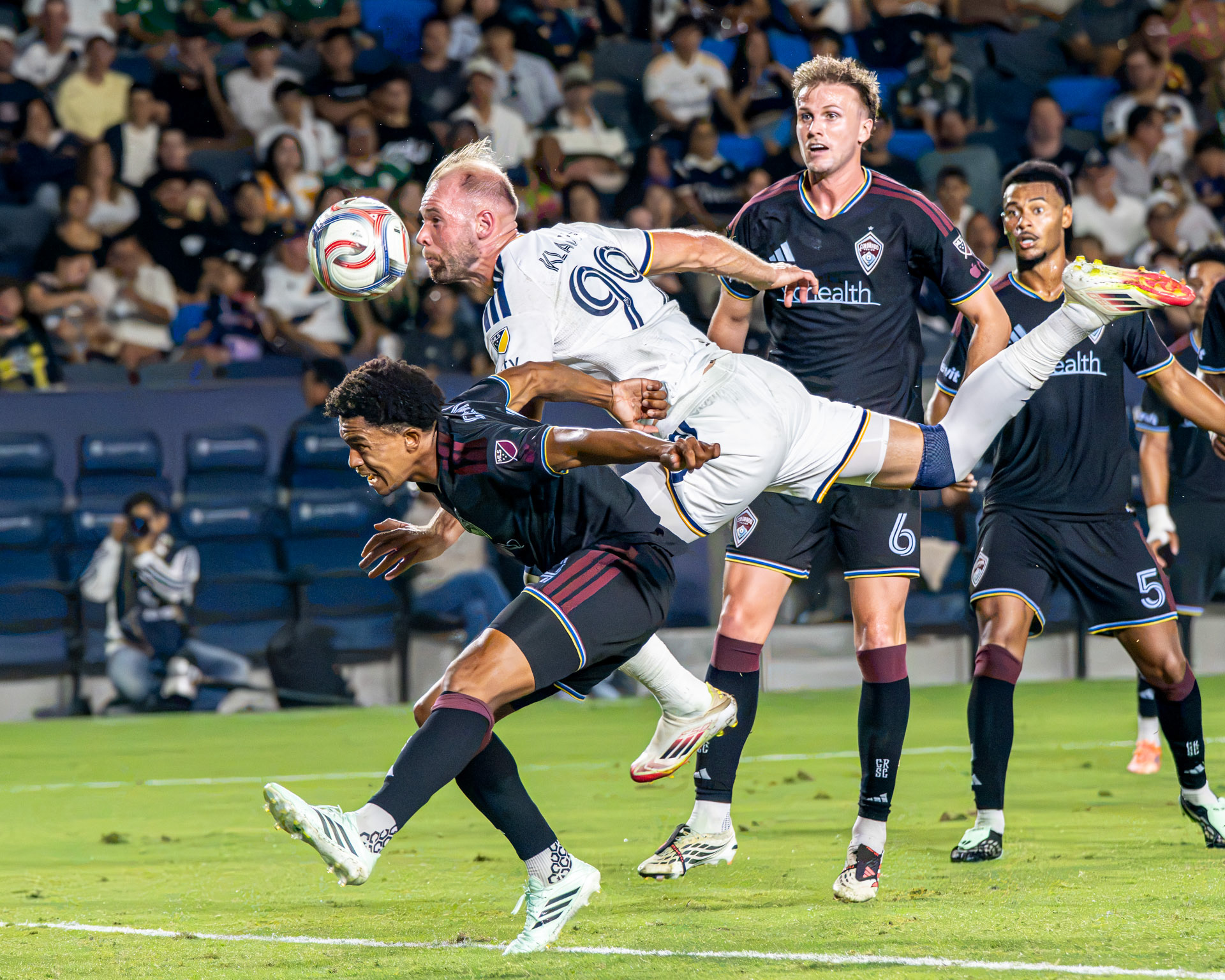 LA Galaxy João Klauss (#99/S) dives to head the ball into the goal on September 26 2026.