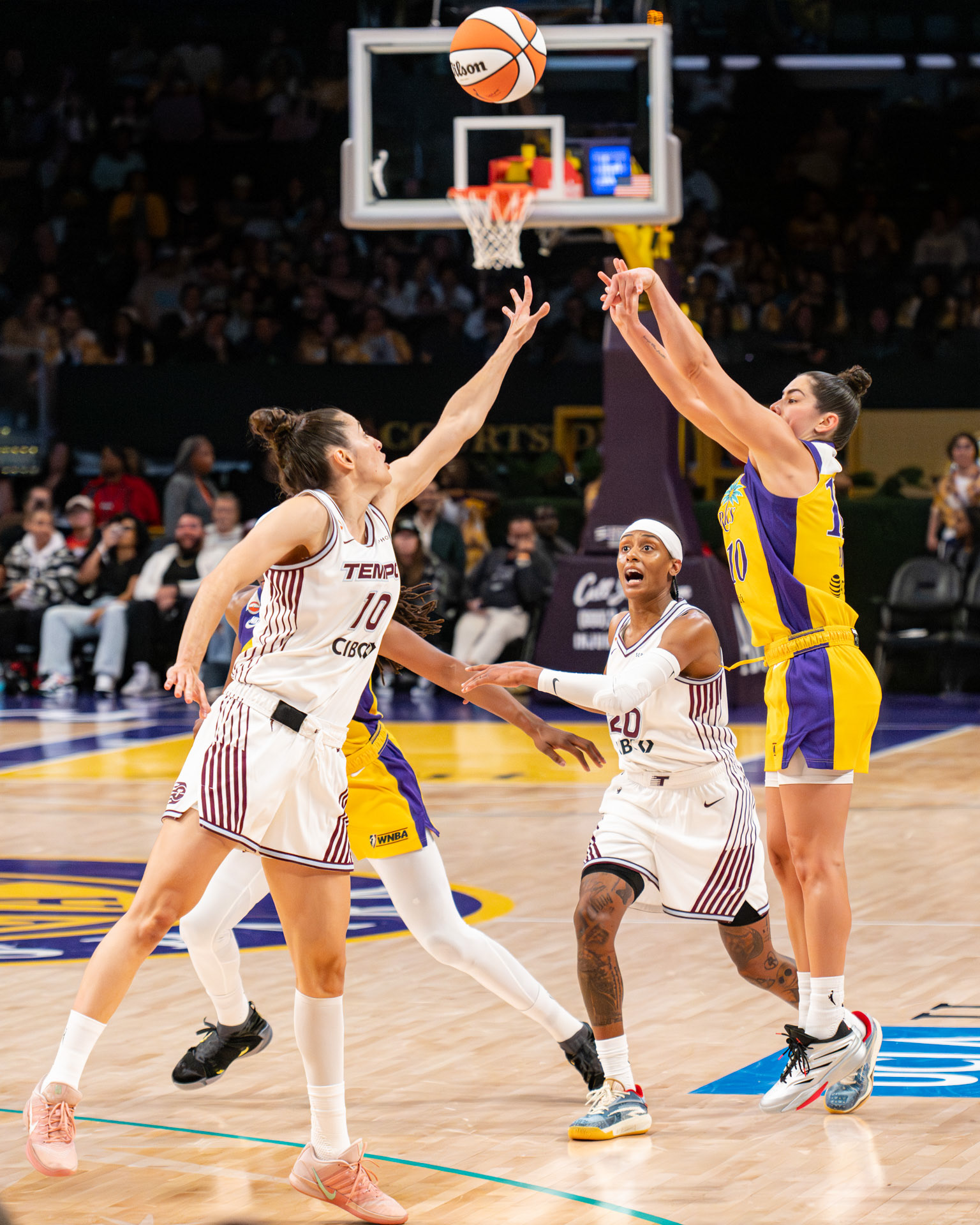LA Sparks Kelsey Plum (#10/PG) hits a three against Toronto Tempo on May 17th 2026.