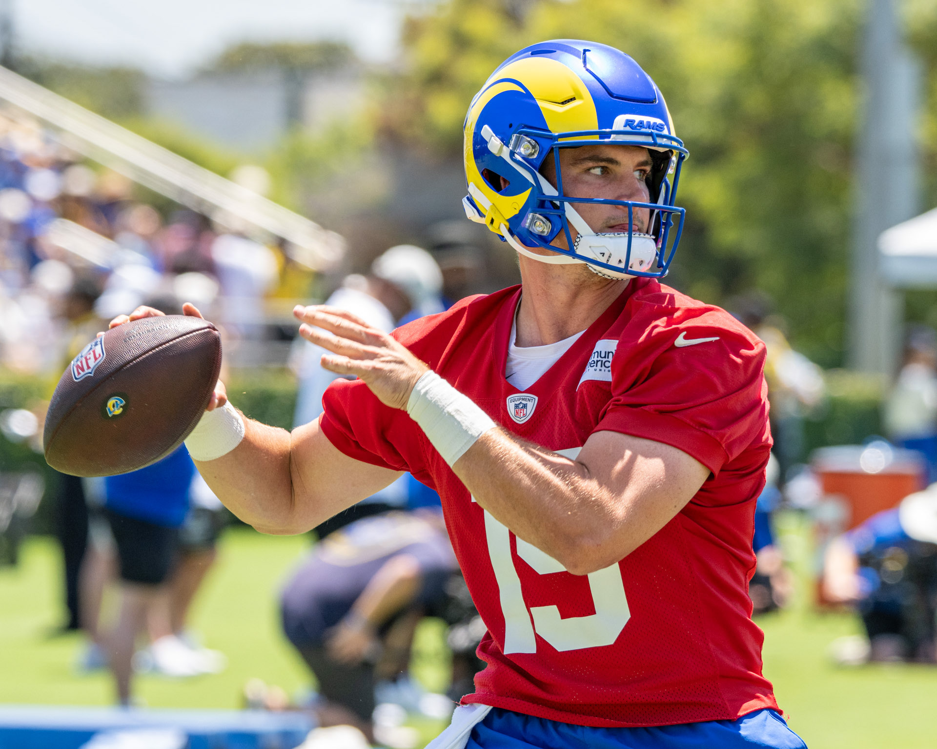 LA Rams rookie Ty Simpson (#15/QB) at 2026 summer training camp.