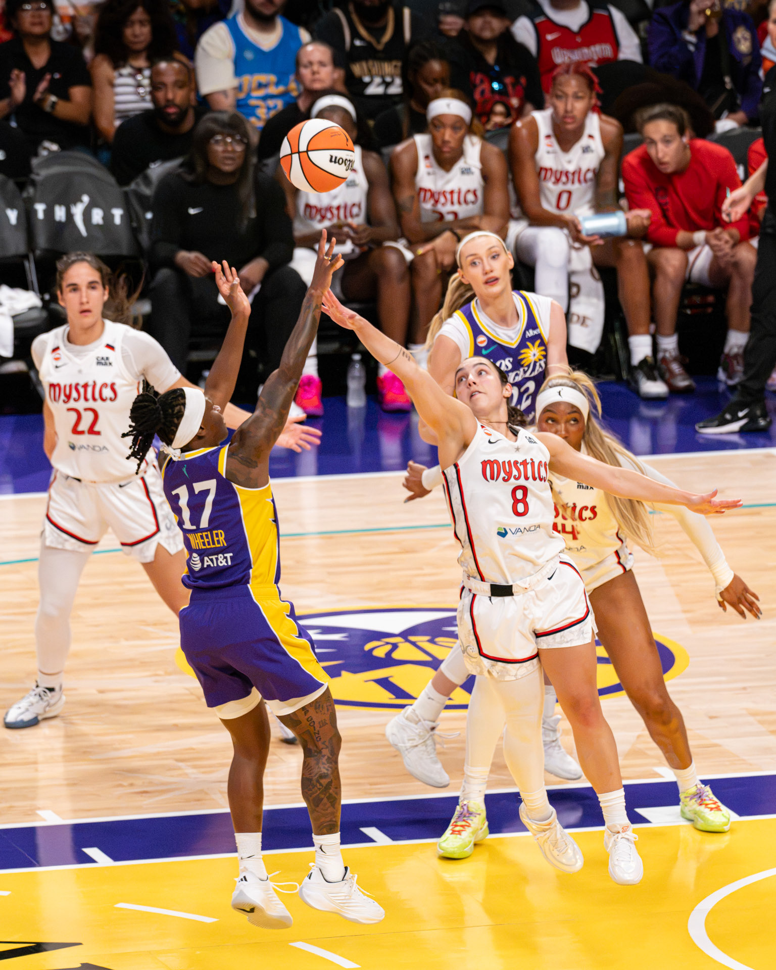 LA Sparks Erica Wheeler (#17/SG) hits a contested three point shot against the Washington Mystics on August 28th 2026.