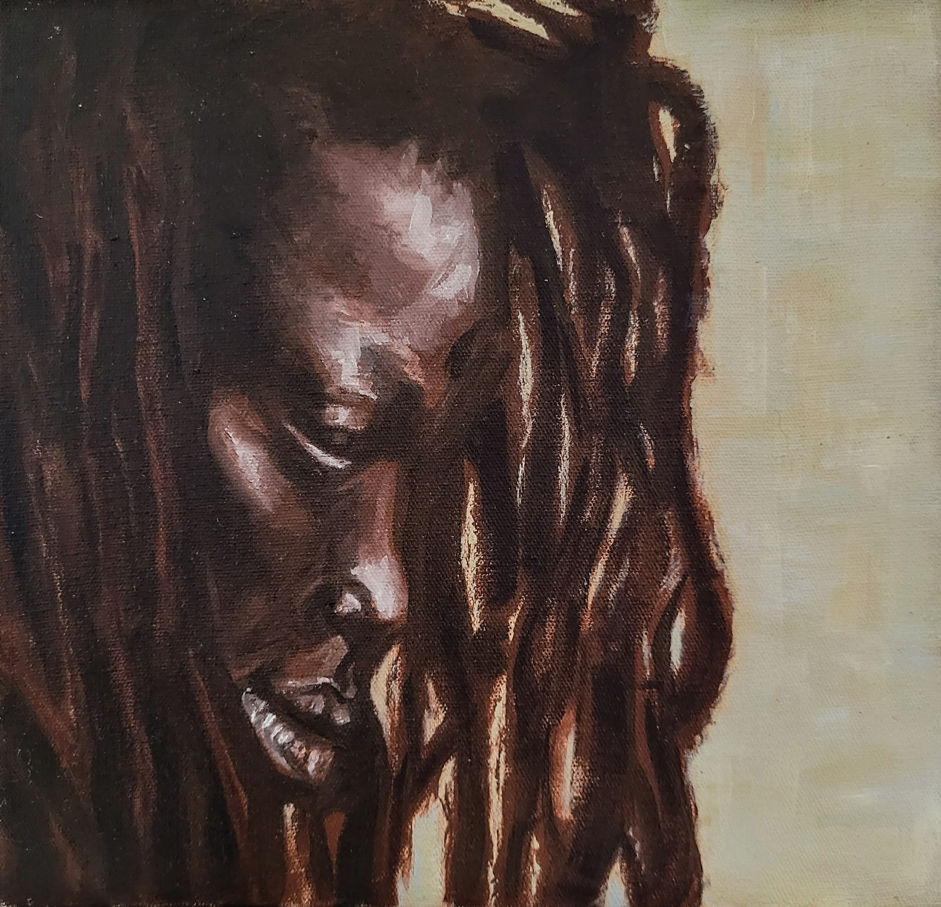 Estudo IX. Prece (baseado em Zanele Muholi, Somnyama Ngoyama - Salve a leoa negra). 2022. Óleo sobre tela. 20x20