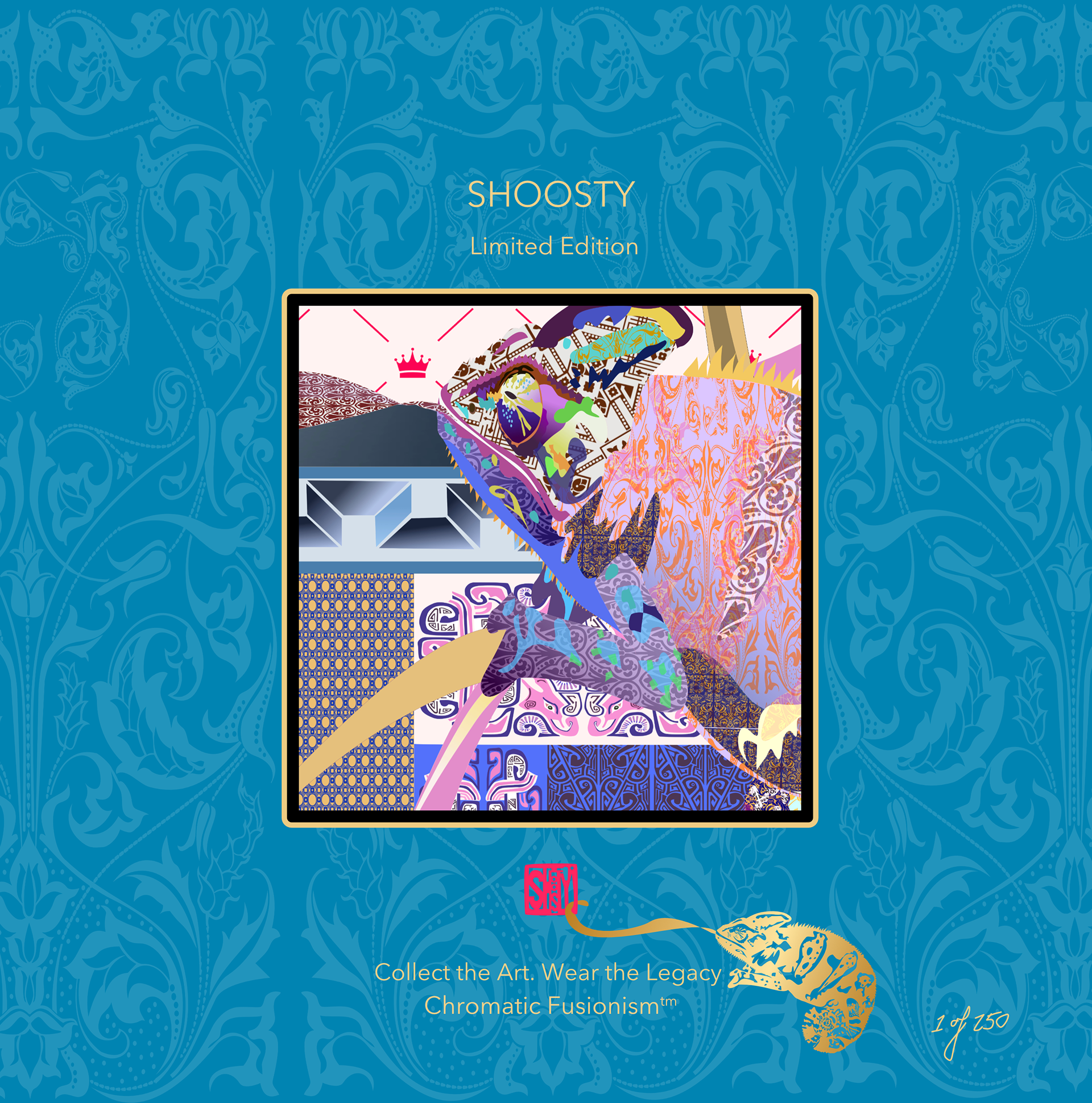 Shoosty 2026 limited Edition box cover featuring a patterned Chameleon grabbing the logo on a brilliant blue Jacquard background