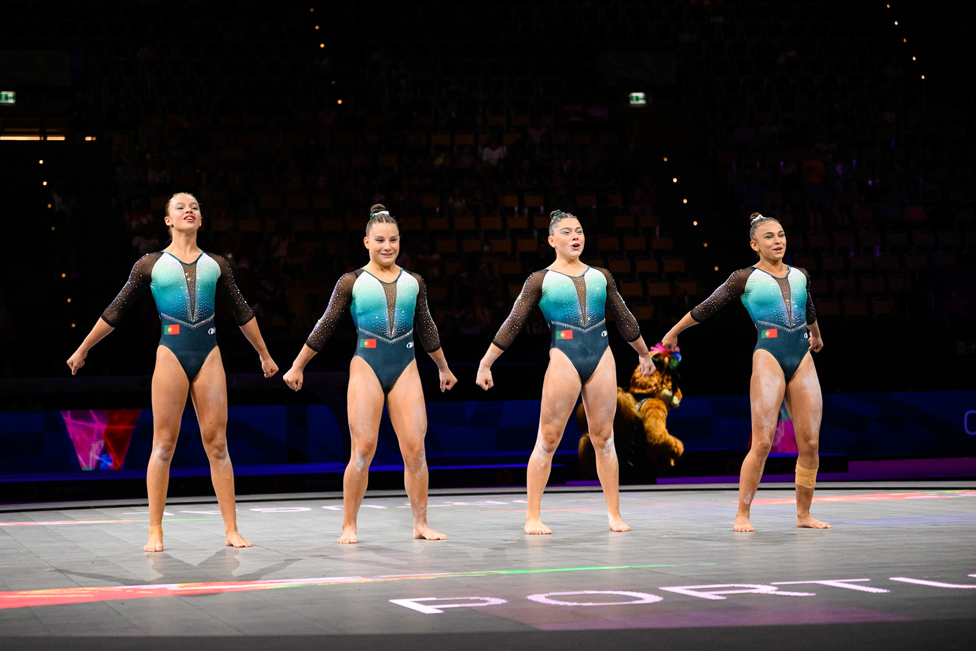 European Championships 2022, All-around Competition, Presentation of AthletesDepicted: Catarina Carvalho, Gabriela Alves, Maria Calisto, Maria MenezesPhoto taken in Munich, DEU on 2022-08-12Photo credits should read: Norman Seibert, CC BY-SA 4.0NIKON Z 9, NIKKOR Z 24-70mm f/2.8 S¹⁄₁₆₀₀ Sek. bei ƒ / 2,8File: DSC_2742.NEF