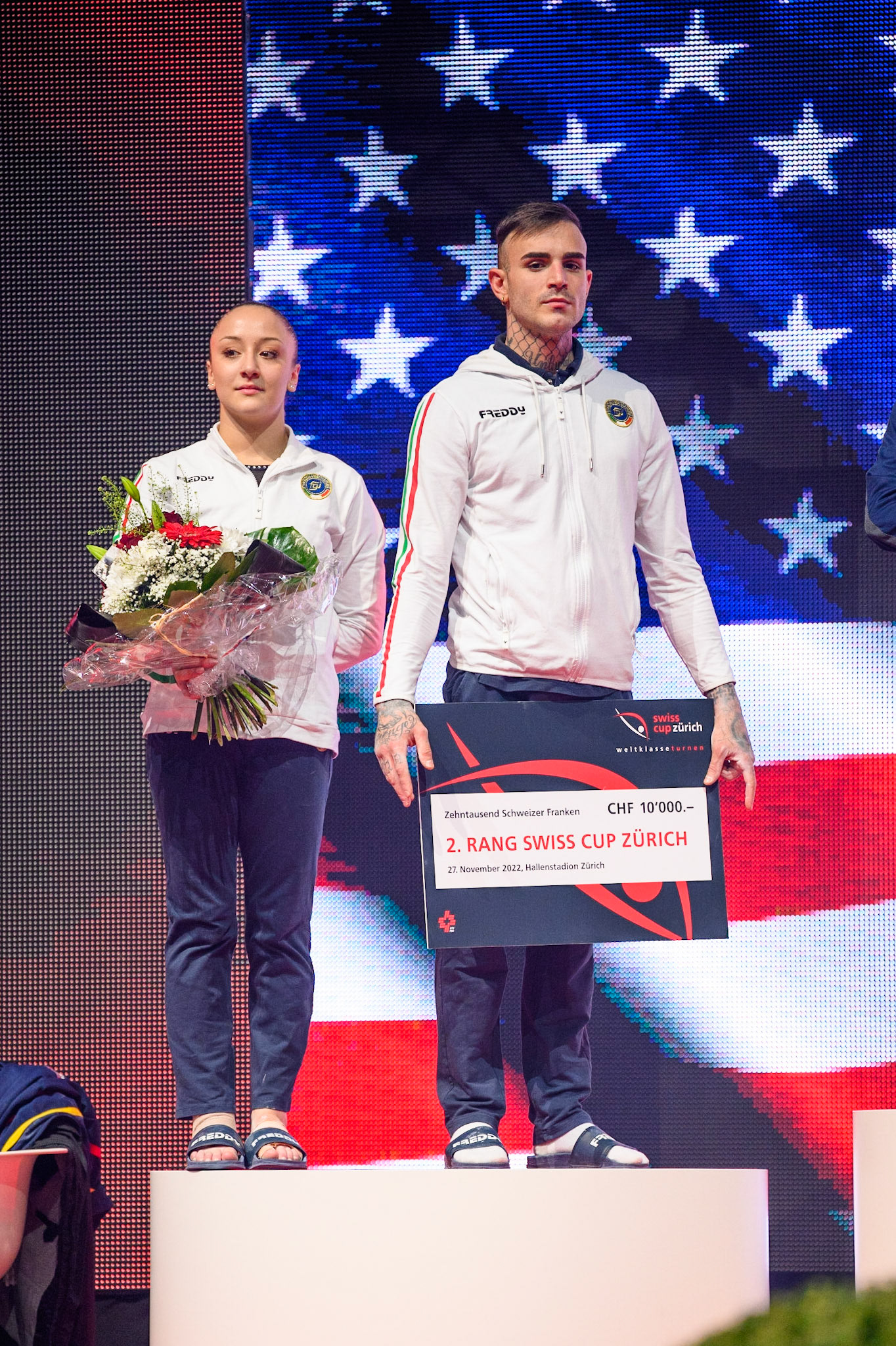 Swiss Cup Zurich 2022, Victory Ceremony, Depicted: Martina Maggio, Nicola BartoliniPhoto taken in Zurich, SUI on 2022-11-27Photo credits should read: Norman Seibert, CC BY-SA 4.0NIKON Z 9, NIKKOR Z 70-200mm f/2.8 VR S¹⁄₈₀₀ Sek. bei ƒ / 2,8File: DSC_3480.NEF