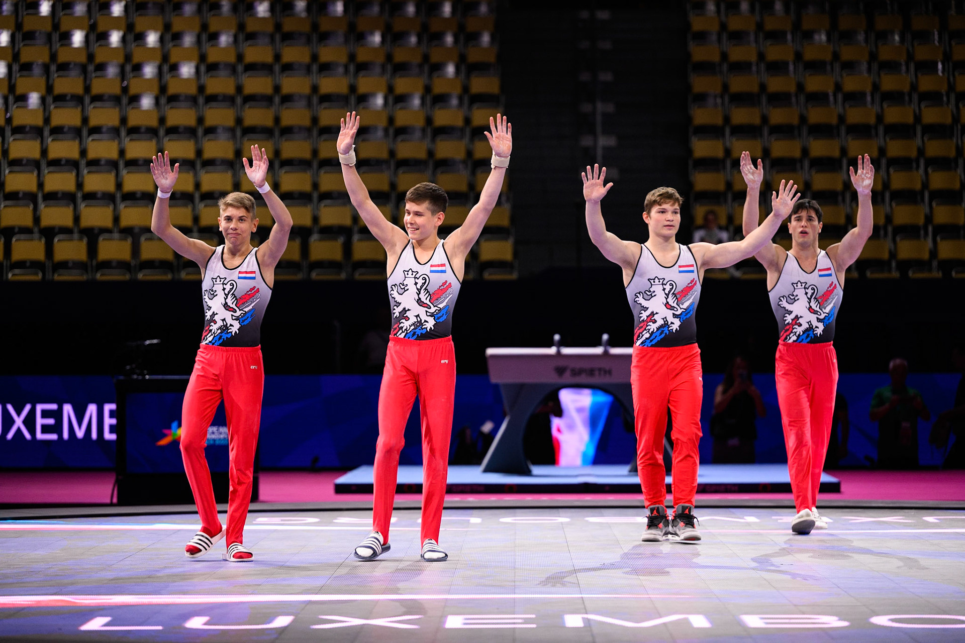 European Championships 2022, Podium Training, Presentation of AthletesDepicted: Quentin Brandenburger, Joy Palermo, Mathis Kayser, Ronan FoleyPhoto taken in Munich, DEU on 2022-08-17Photo credits should read: Norman Seibert, CC BY-SA 4.0NIKON Z 9, NIKKOR Z 70-200mm f/2.8 VR S¹⁄₈₀₀ Sek. bei ƒ / 2,8File: DSC_3399.NEF