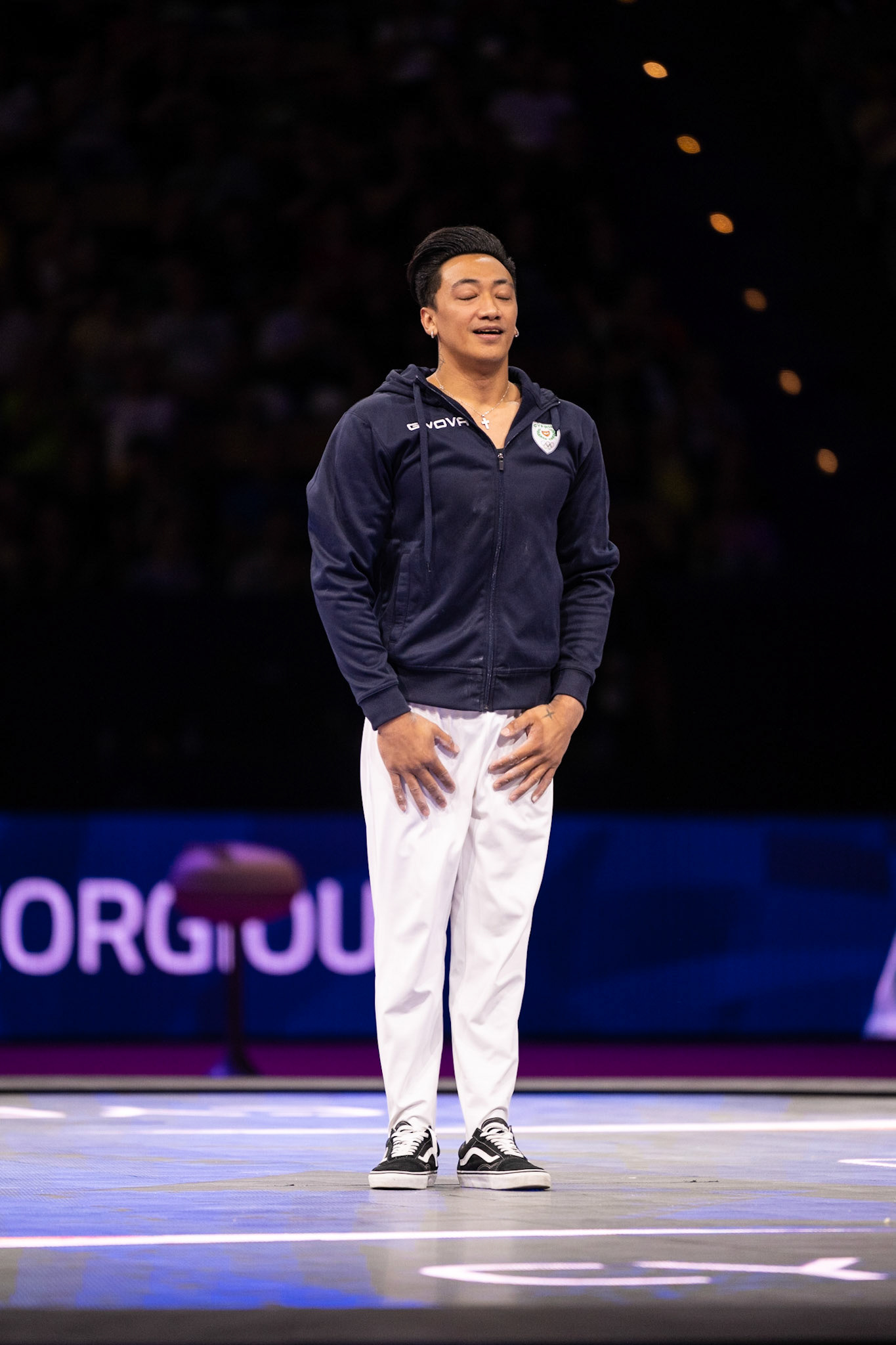 European Championships 2022, Apparatus Final, Presentation of AthletesDepicted: Marios GeorgiouPhoto taken in Munich, DEU on 2022-08-21Photo credits should read: Norman Seibert, CC BY-SA 4.0NIKON Z 9, NIKKOR Z 70-200mm f/2.8 VR S¹⁄₈₀₀ Sek. bei ƒ / 2,8File: DSC_7233.NEF