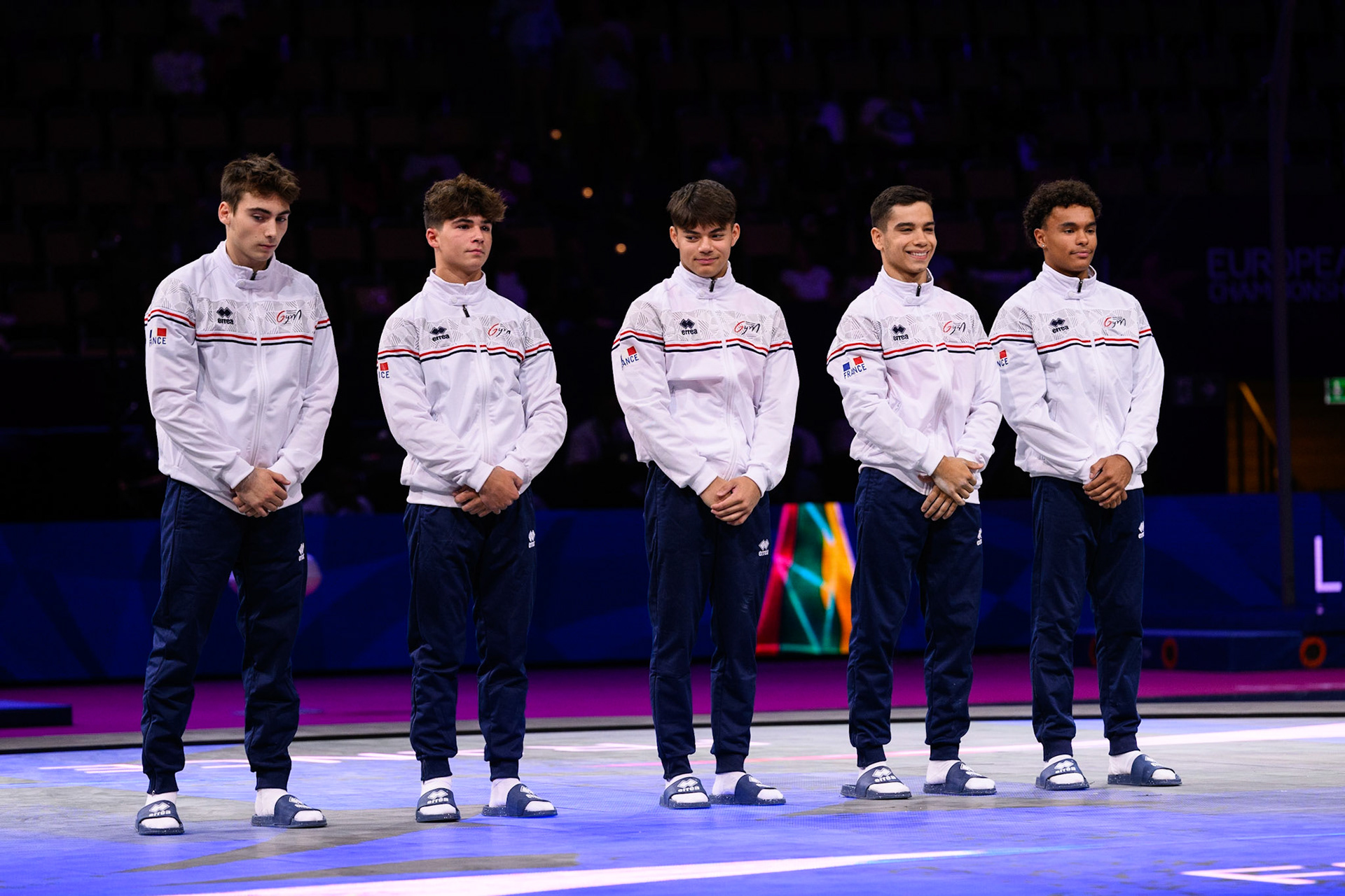 European Championships 2022, All-around Competition, Depicted: Anthony Mansard, Axel Breche, Romain Cavallaro, Nicolas Diez, Lorenzo Sainte-RosePhoto taken in Munich, DEU on 2022-08-19Photo credits should read: Norman Seibert, CC BY-SA 4.0NIKON Z 9, NIKKOR Z 70-200mm f/2.8 VR S¹⁄₈₀₀ Sek. bei ƒ / 4,0File: DSC_3458.NEF