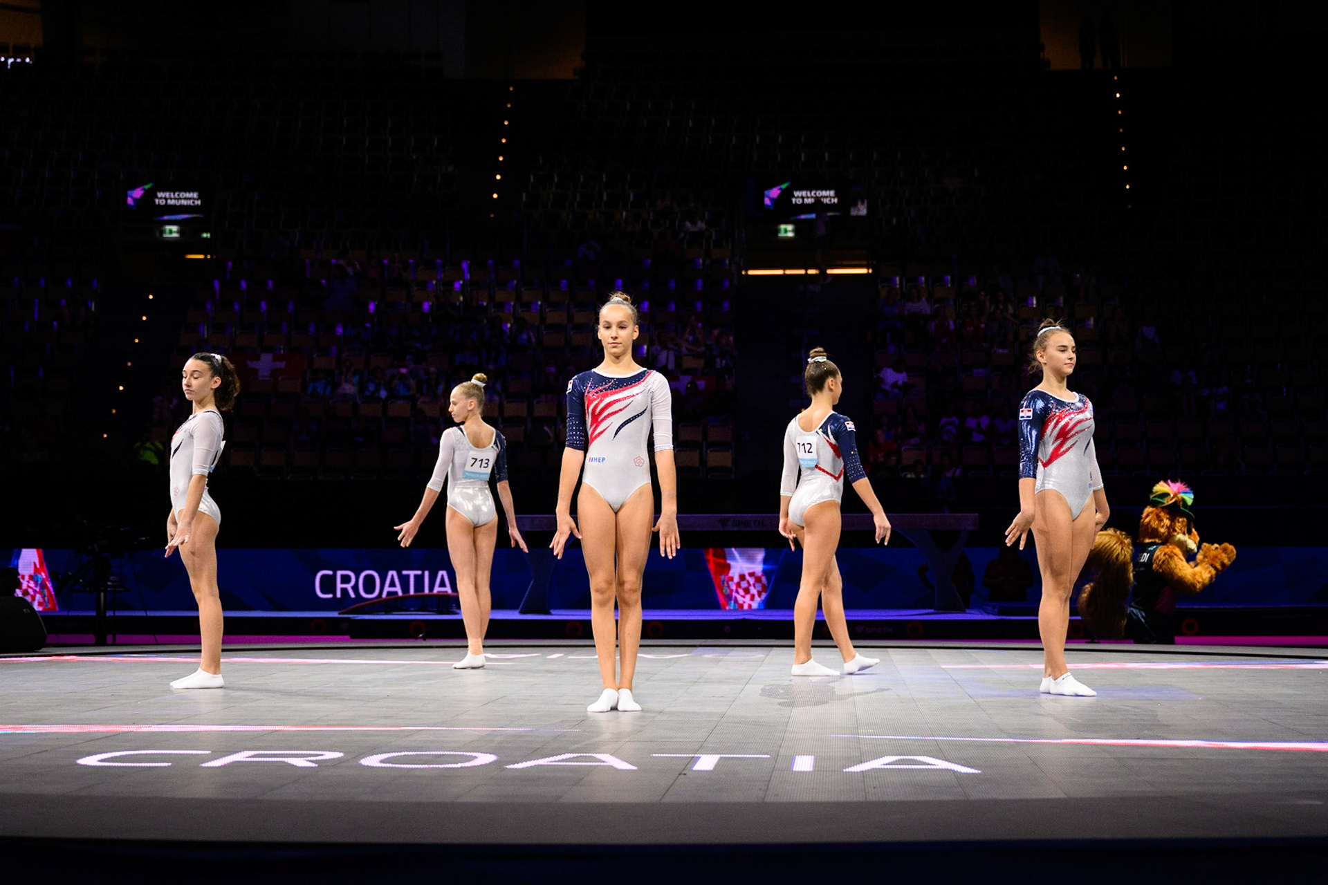 European Championships 2022, All-around Competition, Presentation of AthletesDepicted: Mia Bezer, Lea Kapular, Mirna Hontić, Mila Prpić, Sofia MesterPhoto taken in Munich, DEU on 2022-08-12Photo credits should read: Norman Seibert, CC BY-SA 4.0NIKON Z 9, NIKKOR Z 24-70mm f/2.8 S¹⁄₁₆₀₀ Sek. bei ƒ / 2,8File: DSC_6175.NEF