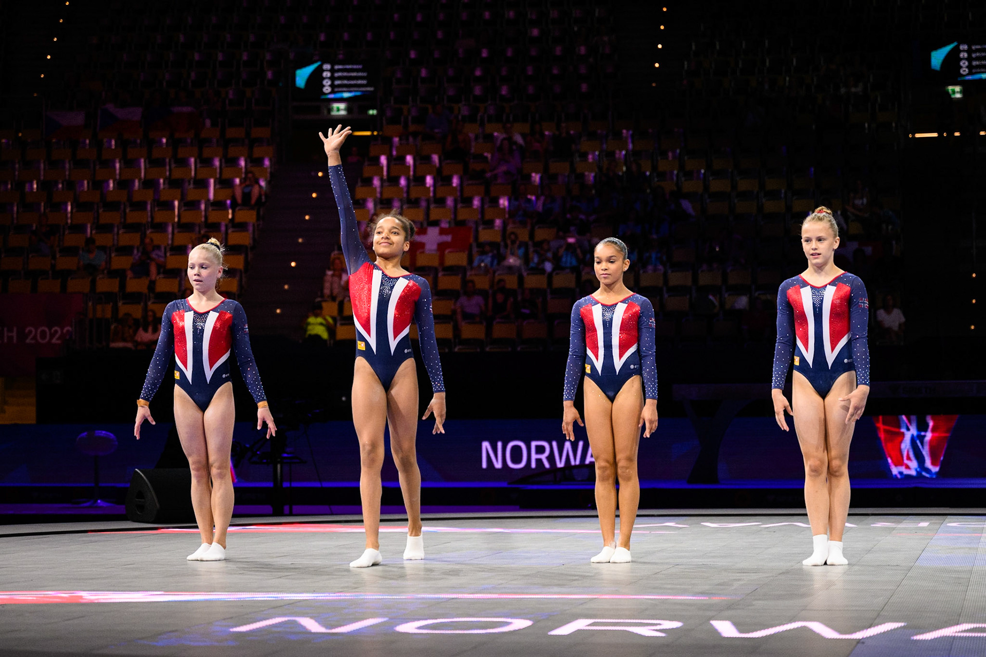 European Championships 2022, All-around Competition, Presentation of AthletesDepicted: Hannah Ifeanyi, Tomine Gadderud, Keisha Lockert, Kristine HammerøPhoto taken in Munich, DEU on 2022-08-12Photo credits should read: Norman Seibert, CC BY-SA 4.0NIKON Z 9, NIKKOR Z 24-70mm f/2.8 S¹⁄₁₆₀₀ Sek. bei ƒ / 2,8File: DSC_6263.NEF