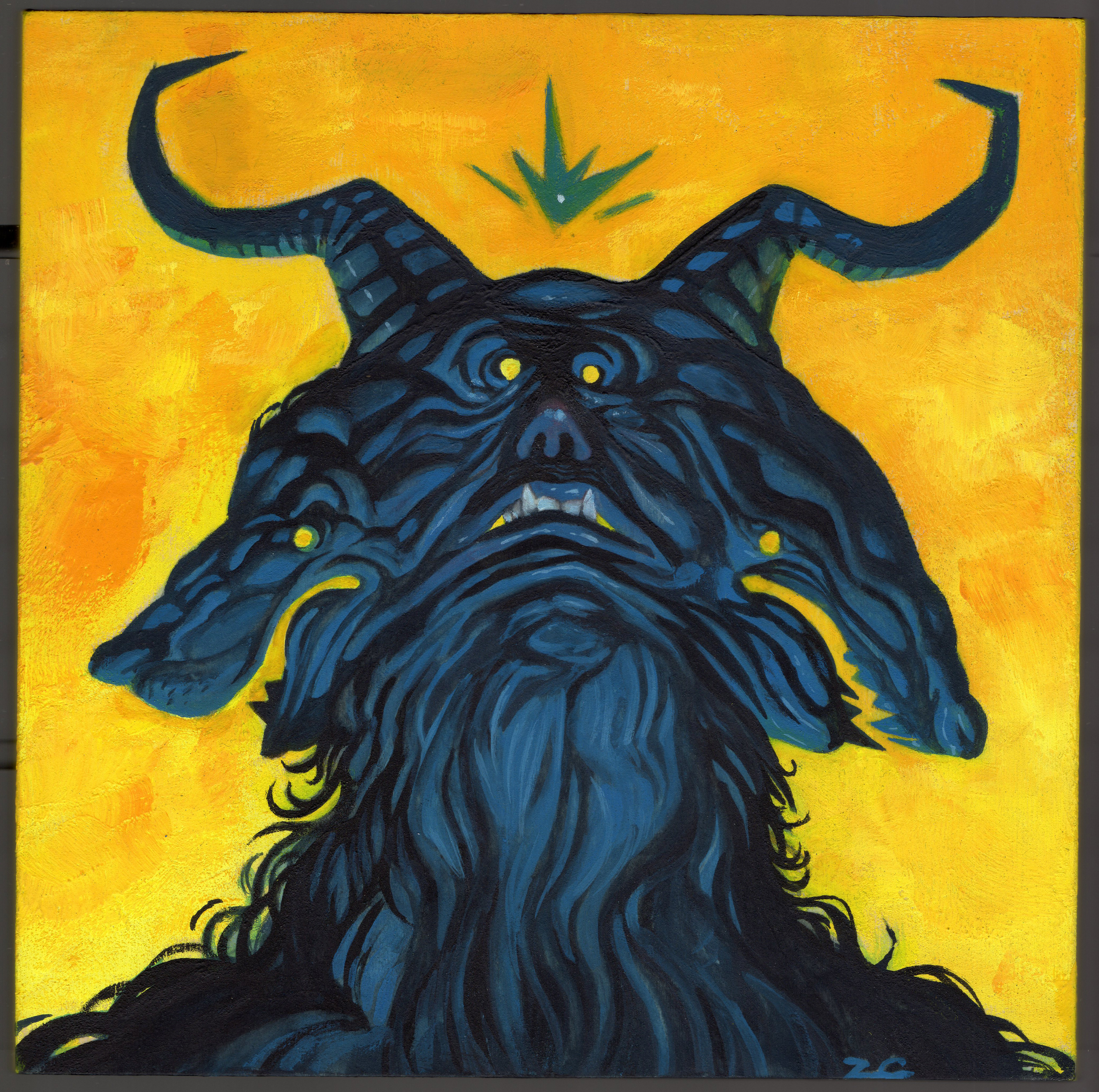 An acrylic painting on wood of Satan I did for a show at Pinecone & Chickadee