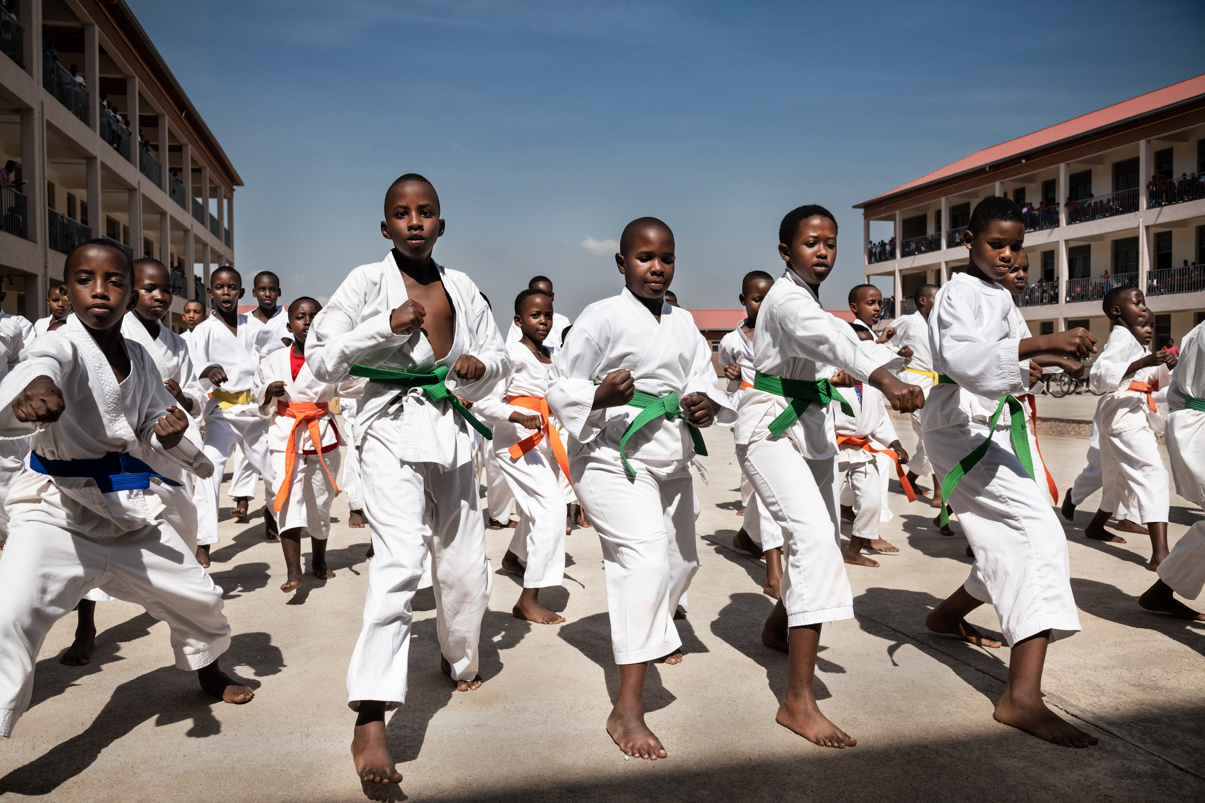 Karate demonstration at the newly opened school in Masaka, Rwanda, run by the Congregation of the Pallottine Sisters. The school's level of education is comparable to good European institutions. Rwanda 2022