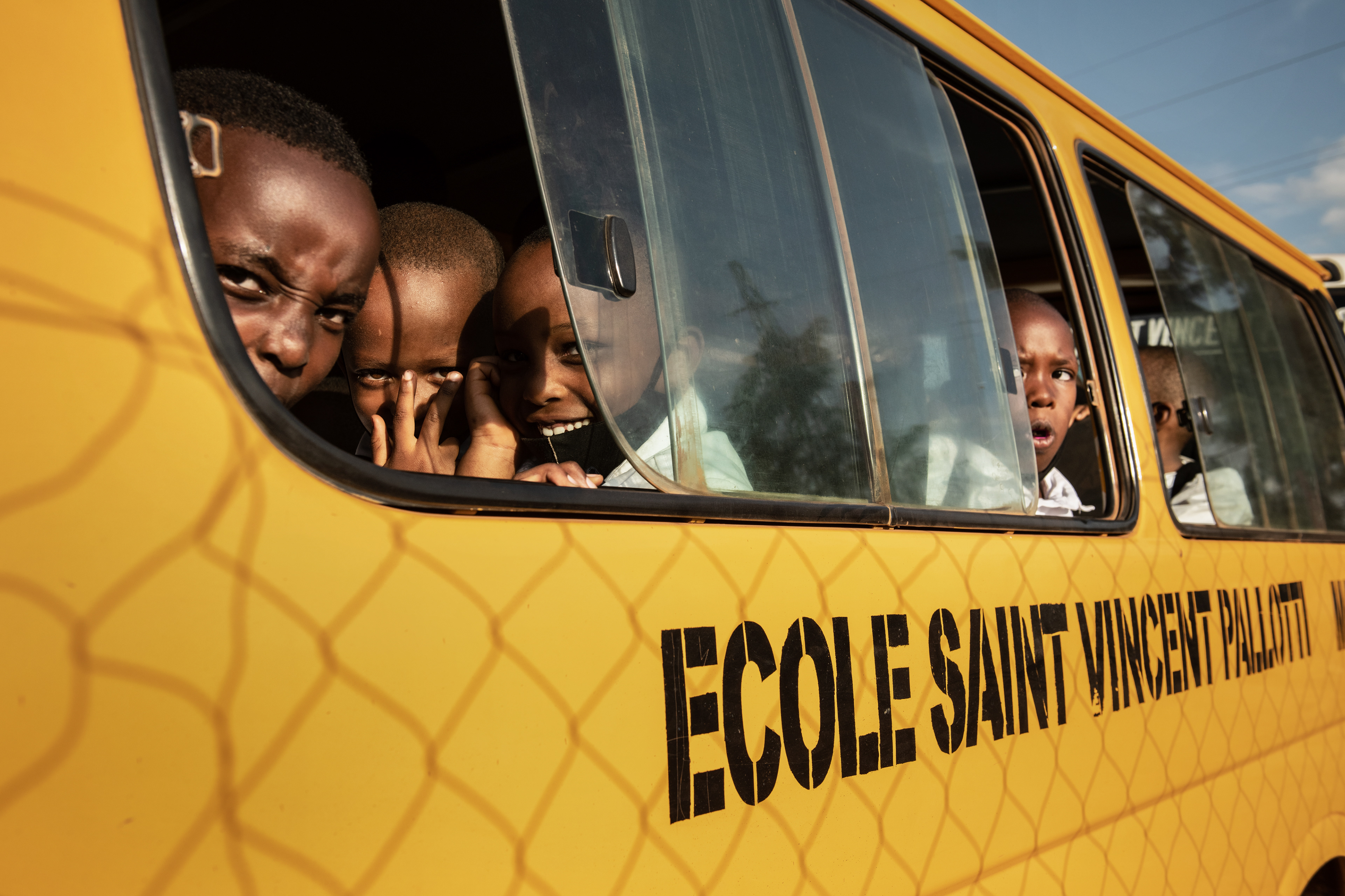 Every day after school, a school bus takes students from the primary school run by the Pallottine Sisters to their homes in remote areas of Masaka. Rwanda 2021