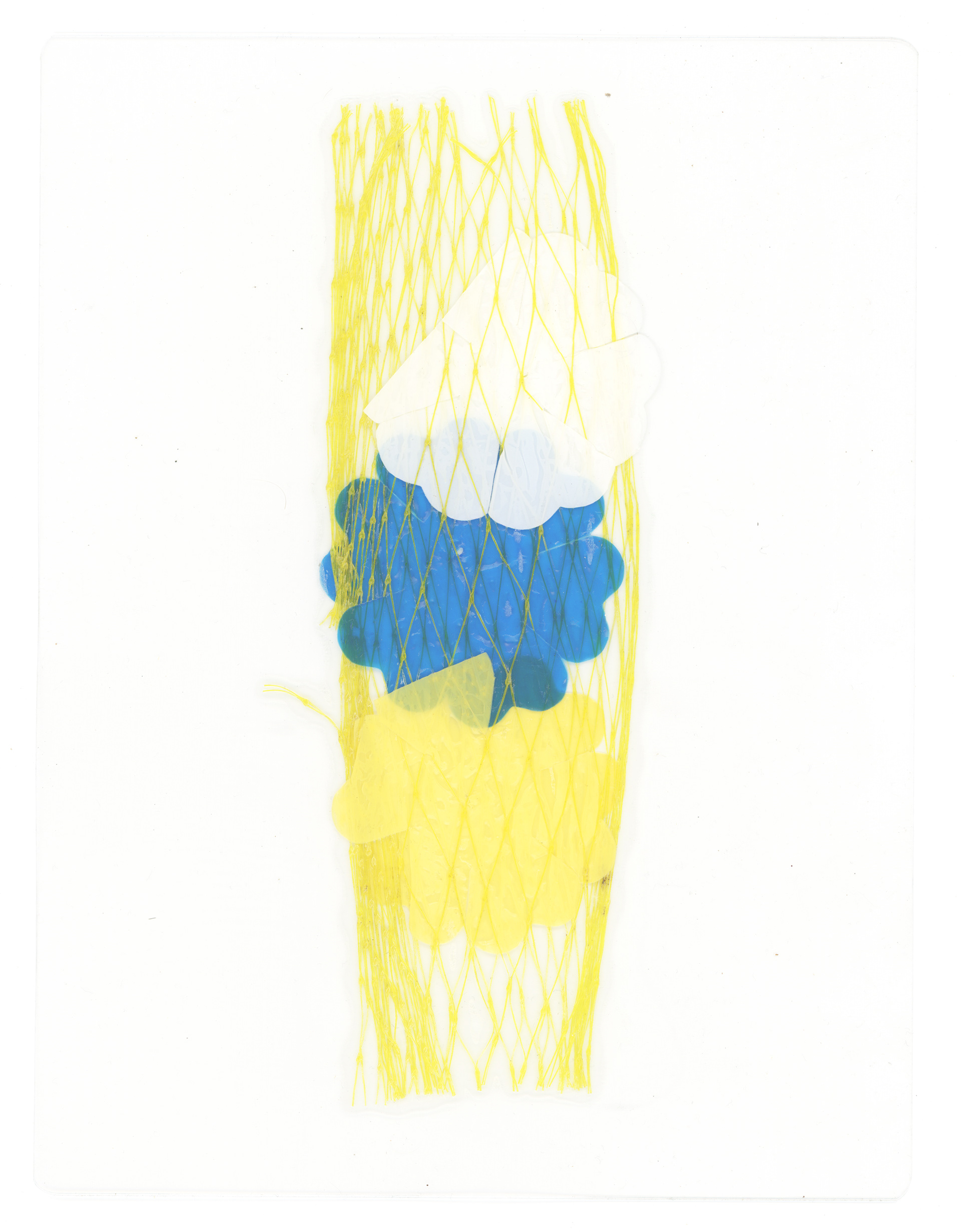 Tulio Costa. Rede amarela com flores, 2022, rede de alimentos e flores de plástico encontrados selados em poliéster, 22 × 17 cm (TC338)