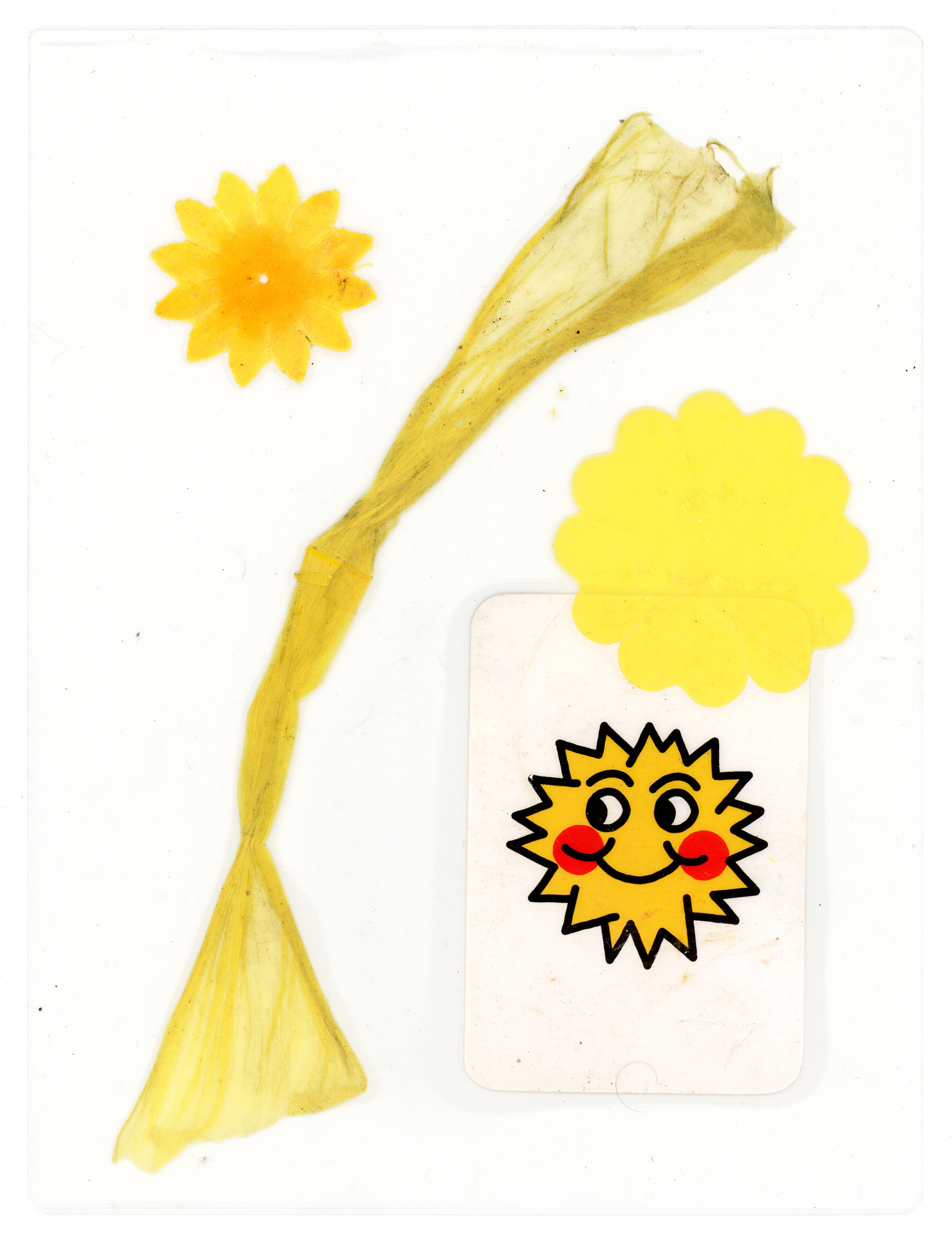Tulio Costa. Sem título (composição amarelo Sol), 2022, flores artificiais, plástico e calendário de papel encontrados e selados em poliéster, 22,5 x 17 cm (TC247)