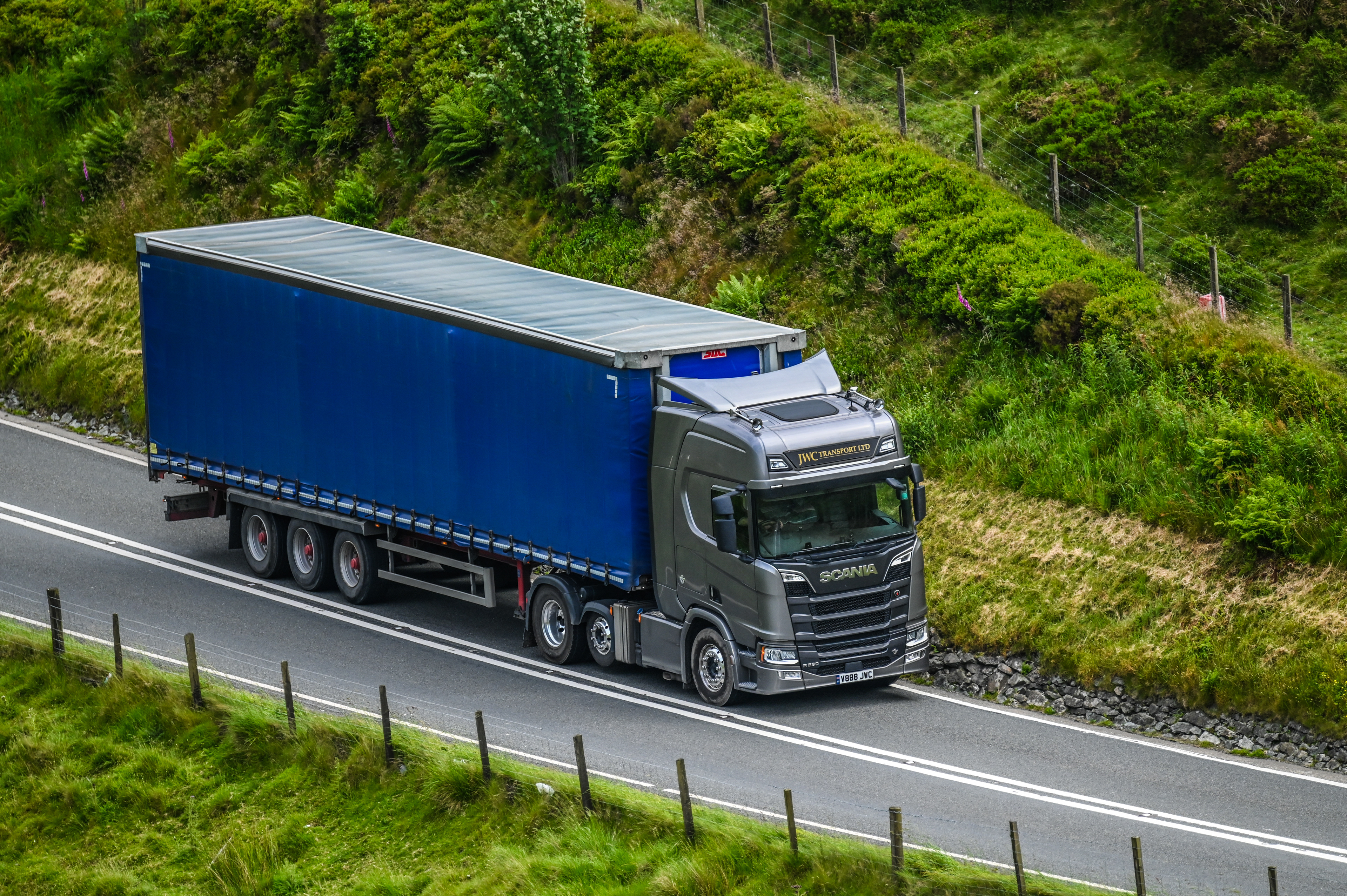JWC Transports V8 Scania with curtainside trailer in Mid Wales