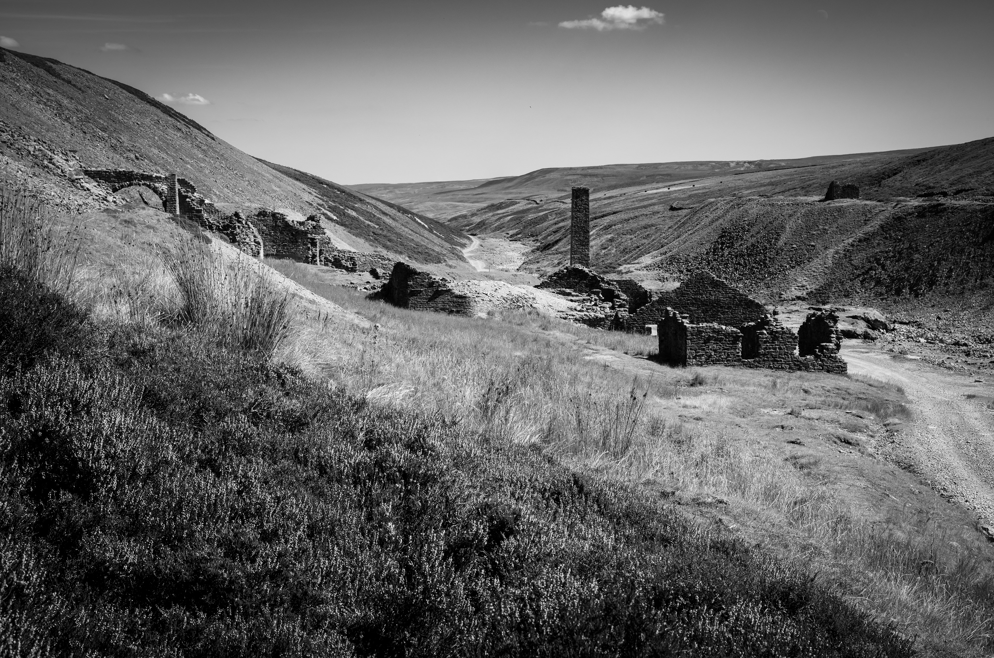 Old gang Smelt mill ruins black & white