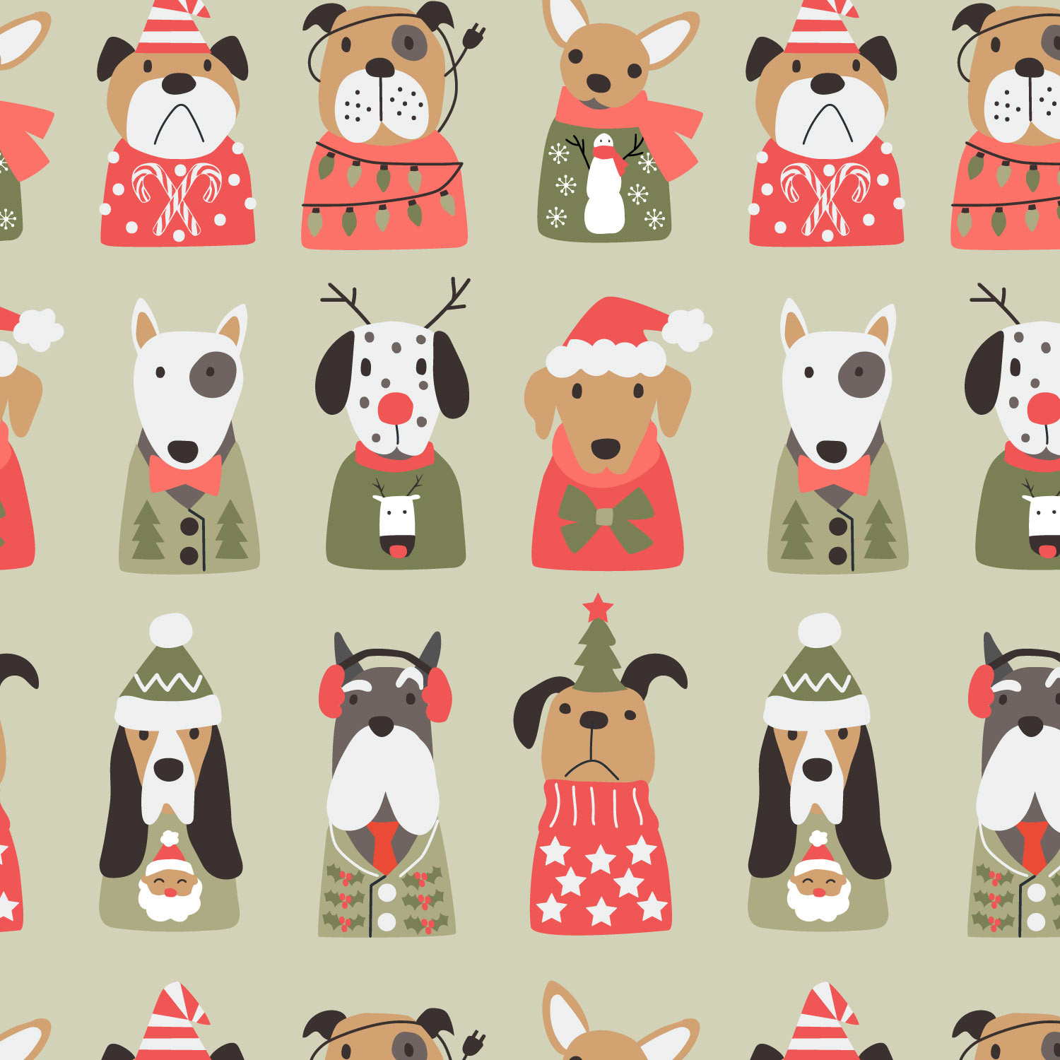 Pups in Sweaters Green Pattern