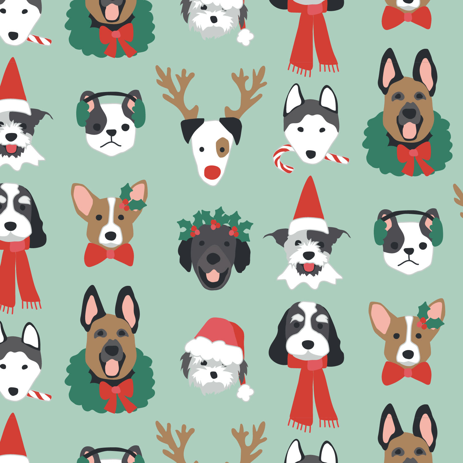 Christmas Pups on Green