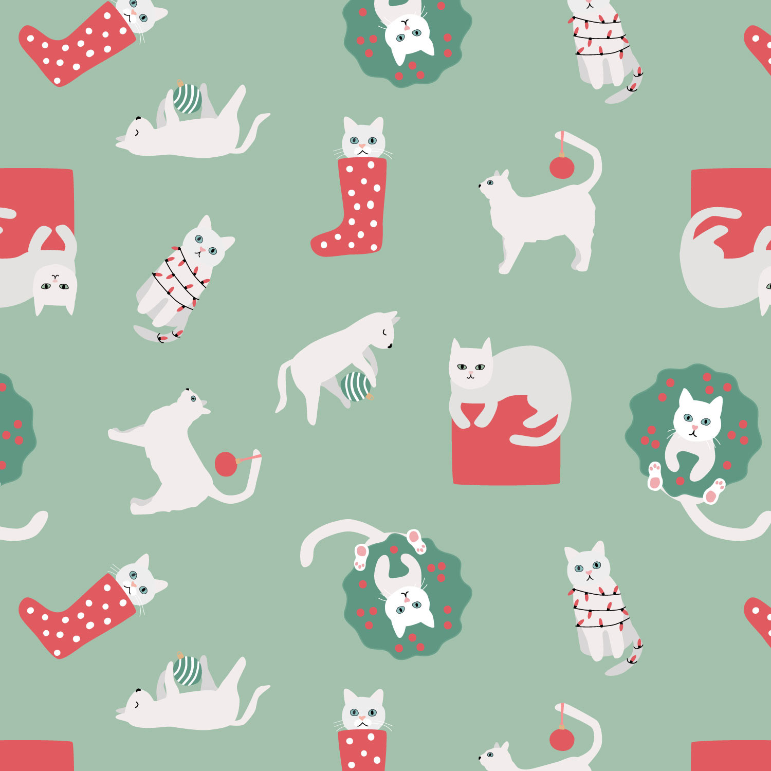Christmas Cats on Green
