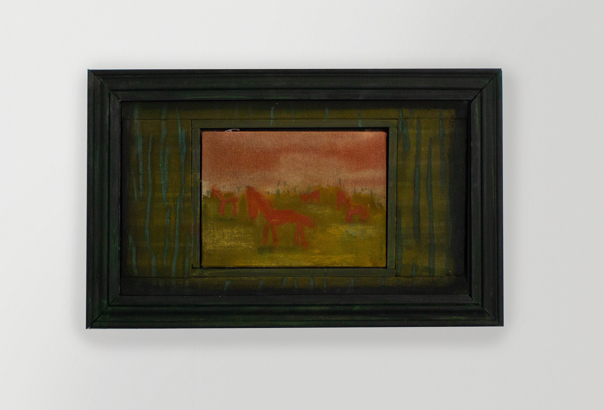 Maxime Testu, Les chevaux rouges, 2025, pigments, fusains, encres, bois, 30 x 50 cm