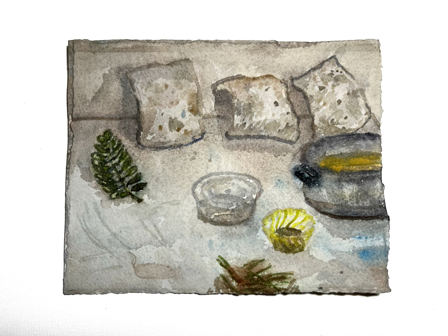 Victor Puš-Perchaud, Fabrication de papier et de pigment au Shakirail, 2025,  aquarelle sur papier,  18 x15 cm