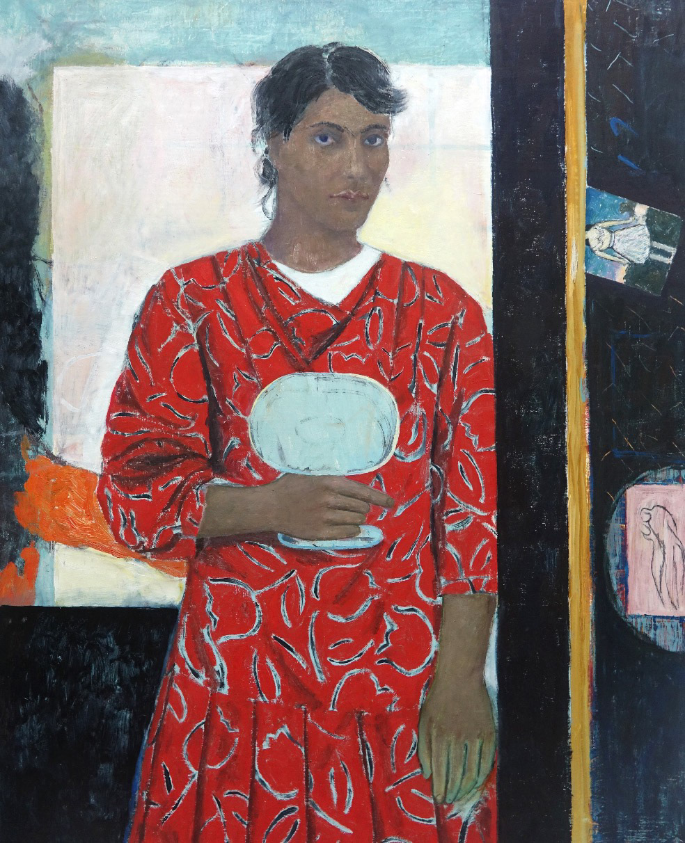 Autoportrait à la robe rouge, 2020, huile sur toile, 100 x 80 cm