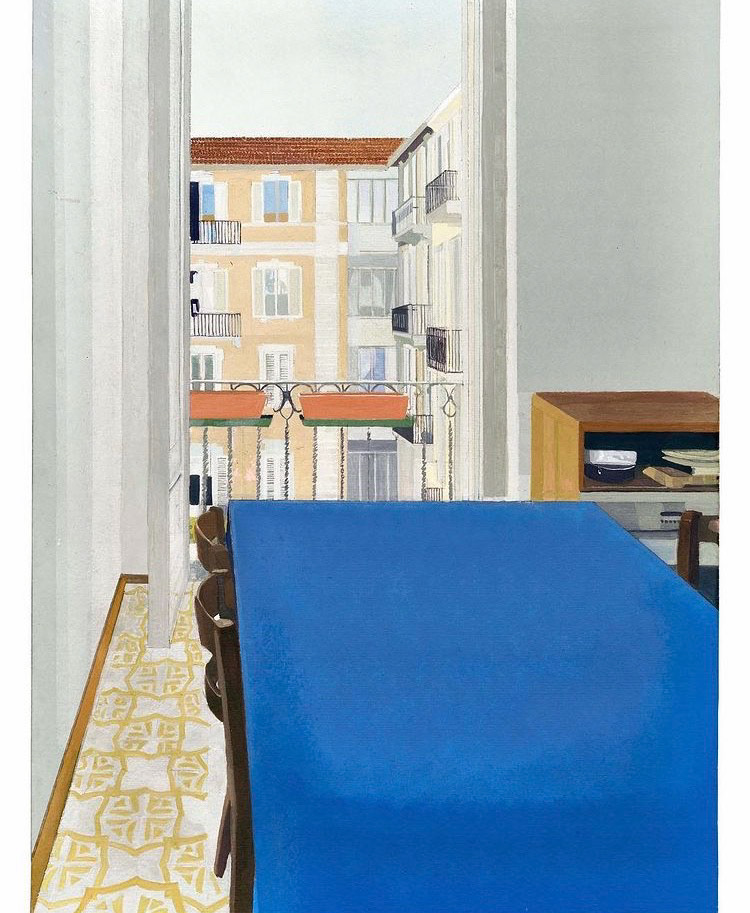 Kitchen interior with a view, gouache sur papier.