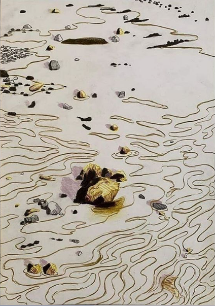THE BEACH (Vl) Drawing. Colorpencil and pencil on paper 42x30cm. An evening in April 2020