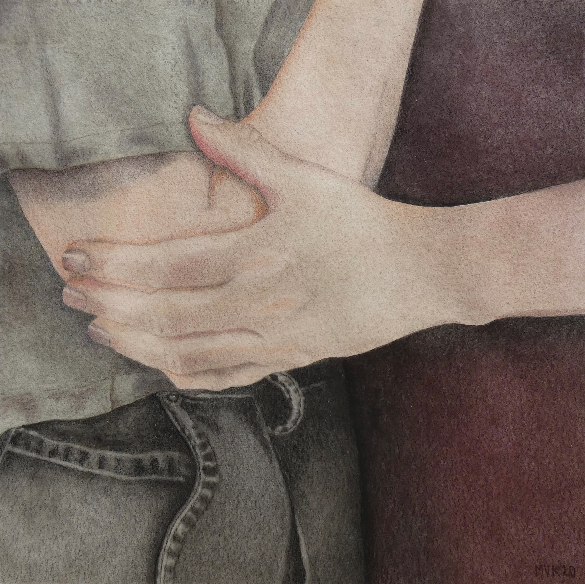 BETWEEN MY ARMS, (30x30), soft pastel, pastel pencil, charcoal and watercolor on paper, 2020