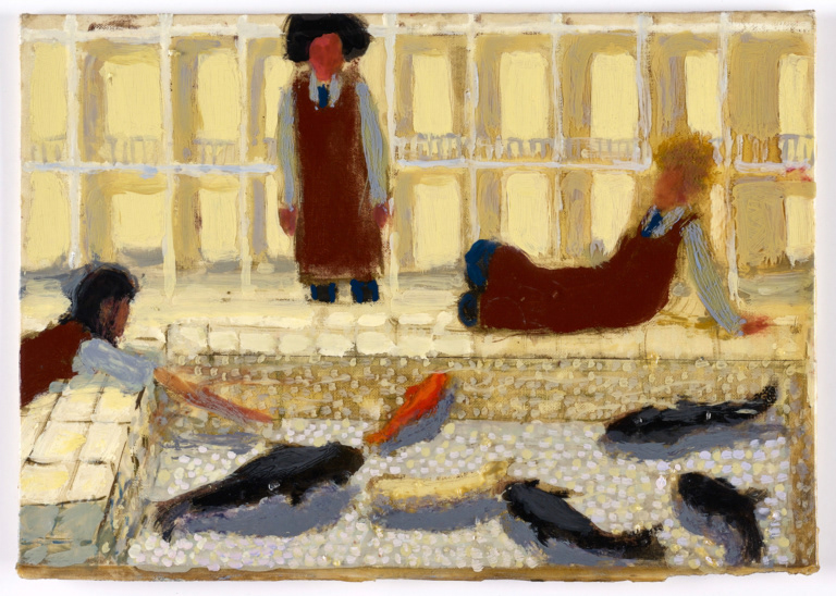 The Brodie Set, 2018, oil and varnish on hardback book cover, 9 1⁄8 × 12 7⁄8 inches; 23.2 × 32.7 cm. Private collection, courtesy of Ingleby, Edinburgh.