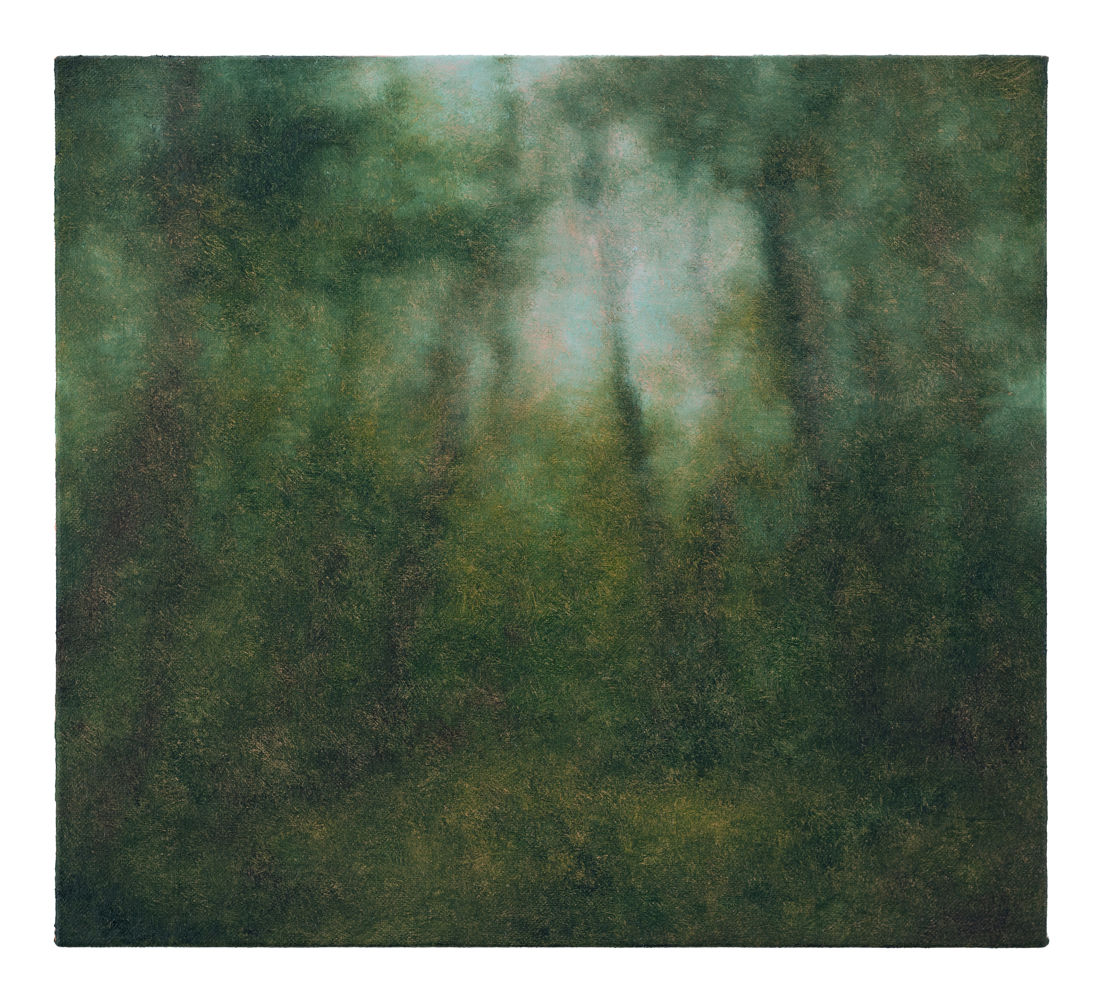 Jörg Kratz, the white cat is green in the tree shade, 2024 oil on canvas mounted on wood, 18 × 20 cm