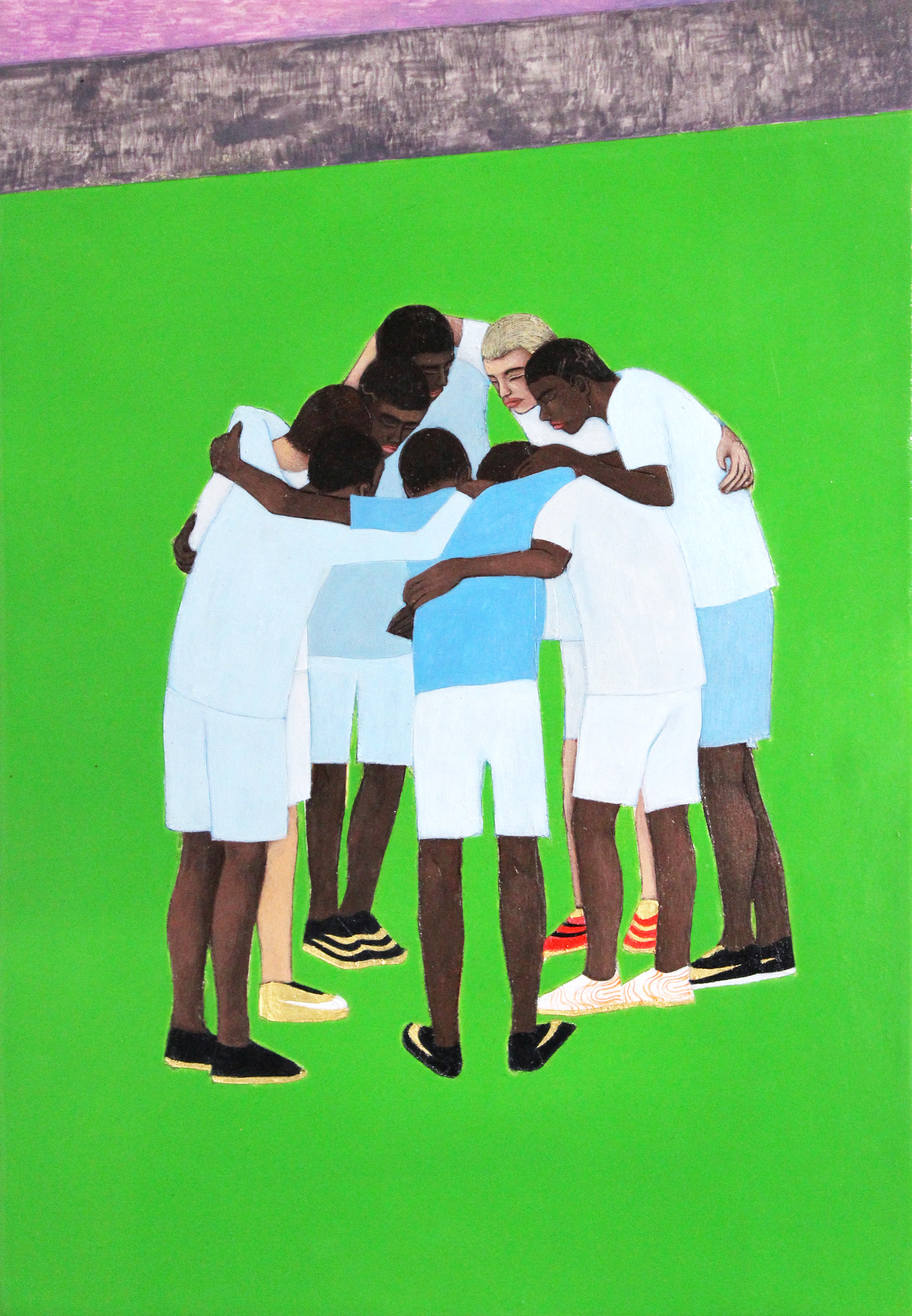 Cérémonie foot, 2021, Tempéra, peinture de carrosserie, 19 x 28 cm