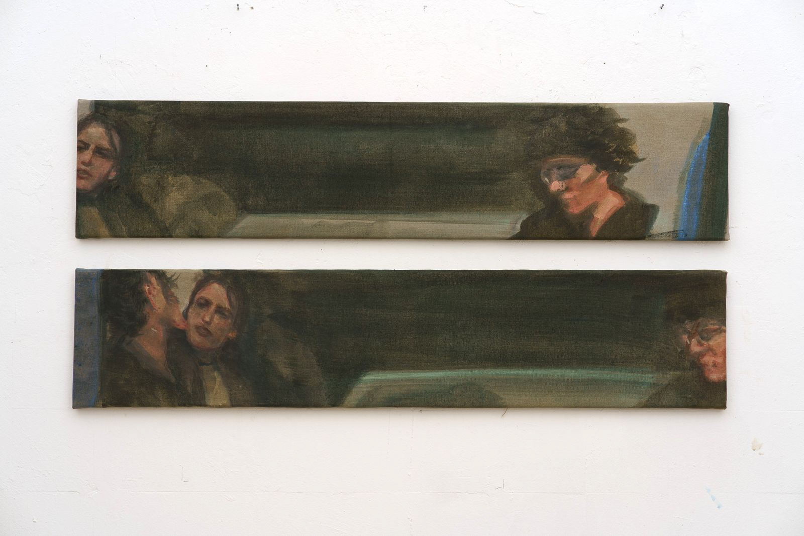 Cécile Lempert,  Reflection in the train window, 2025, distemper on canvas, 2 x 25 x 120 cm 