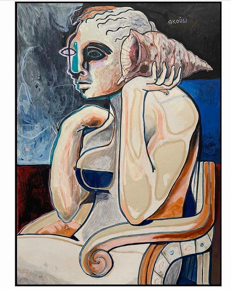 “Elle entend la mer” 42 x30 cm, acrylic , ink, the muttering seas, seashell singings, Opera’s shell on paper