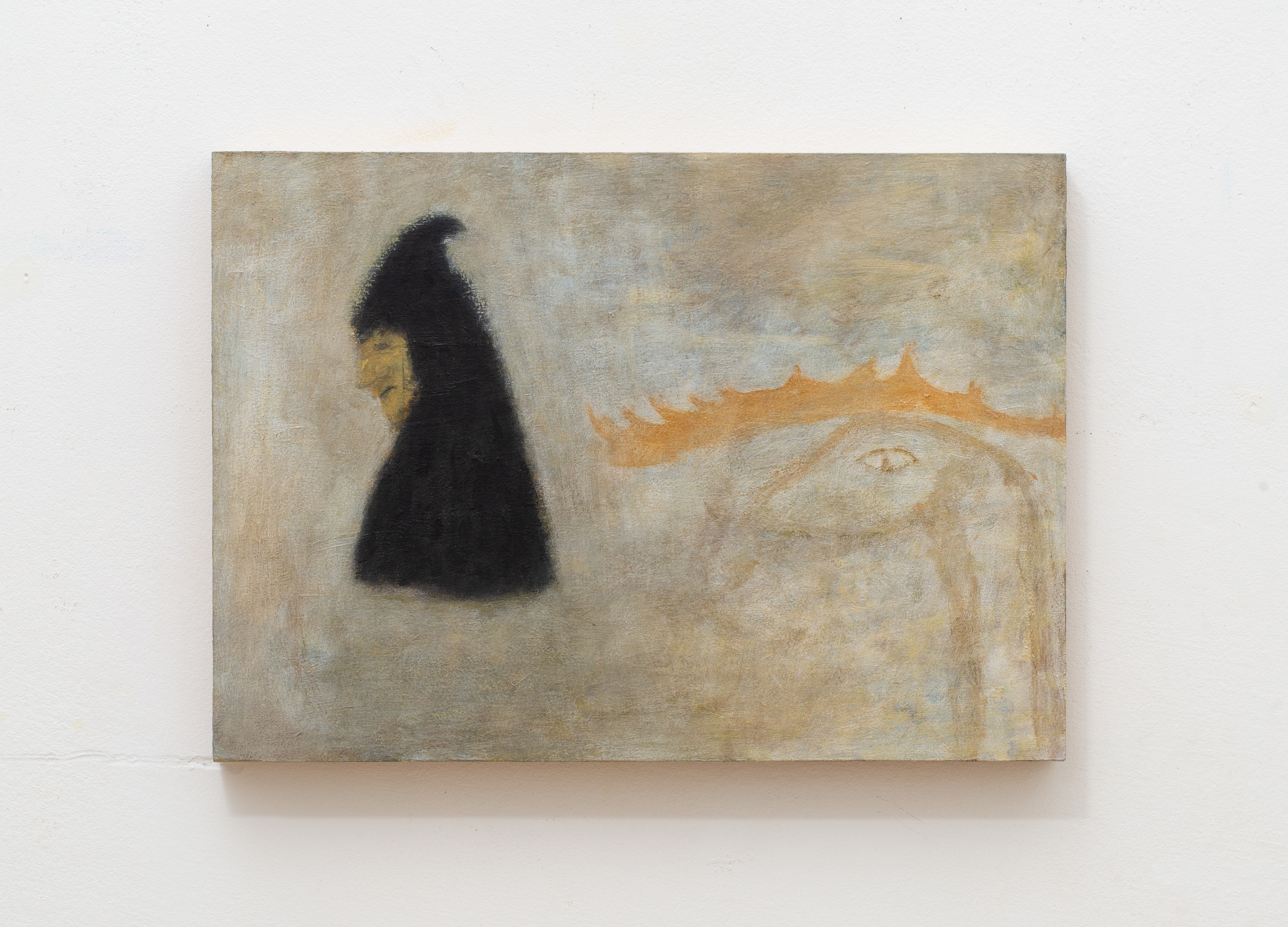 Tenki Hiramatsu, Witch, Snake, Fire, 2024, oil on wooden panel,  29,7 x 42 cm 