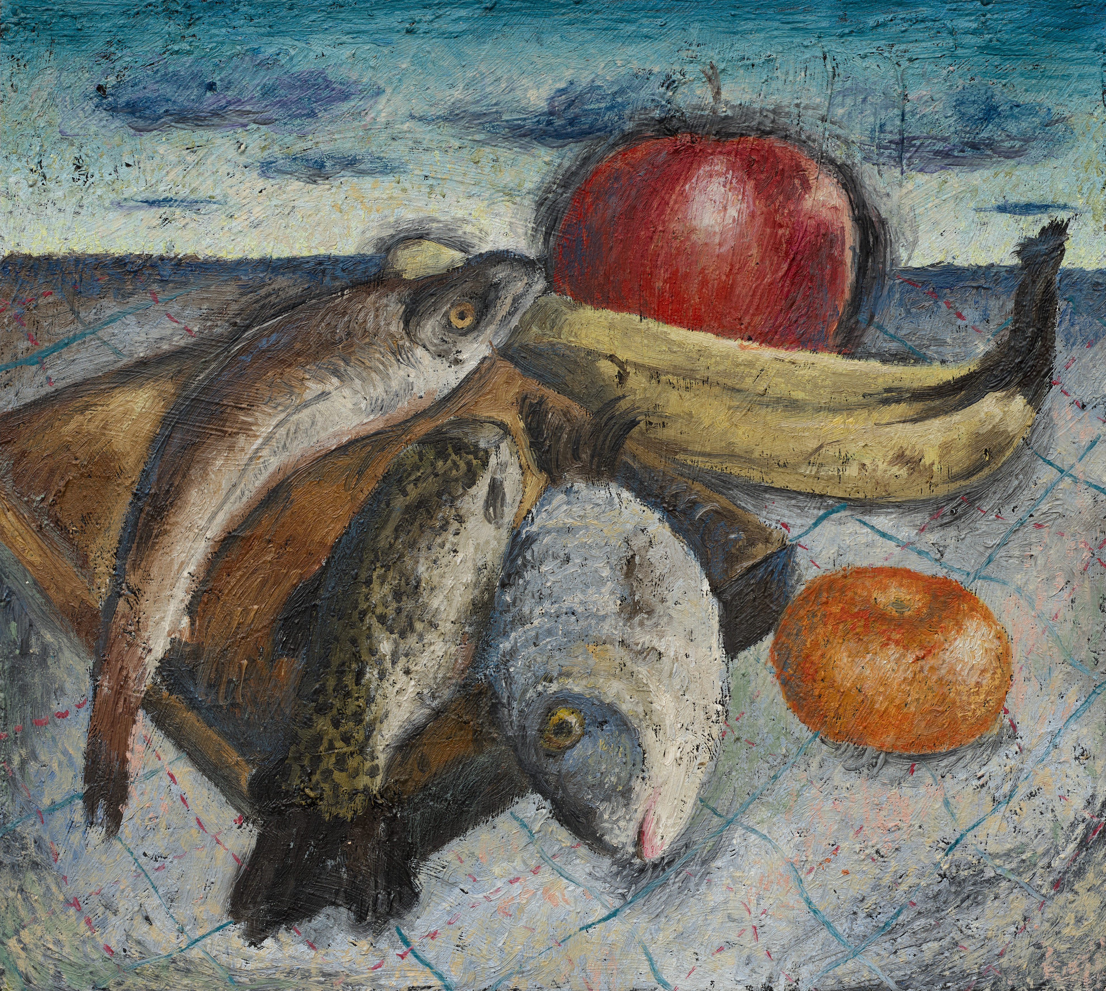 Giulio Noccesi, Natura morta con pesci (Still life with fishes) 2026, oil on canvas,  28x25cm