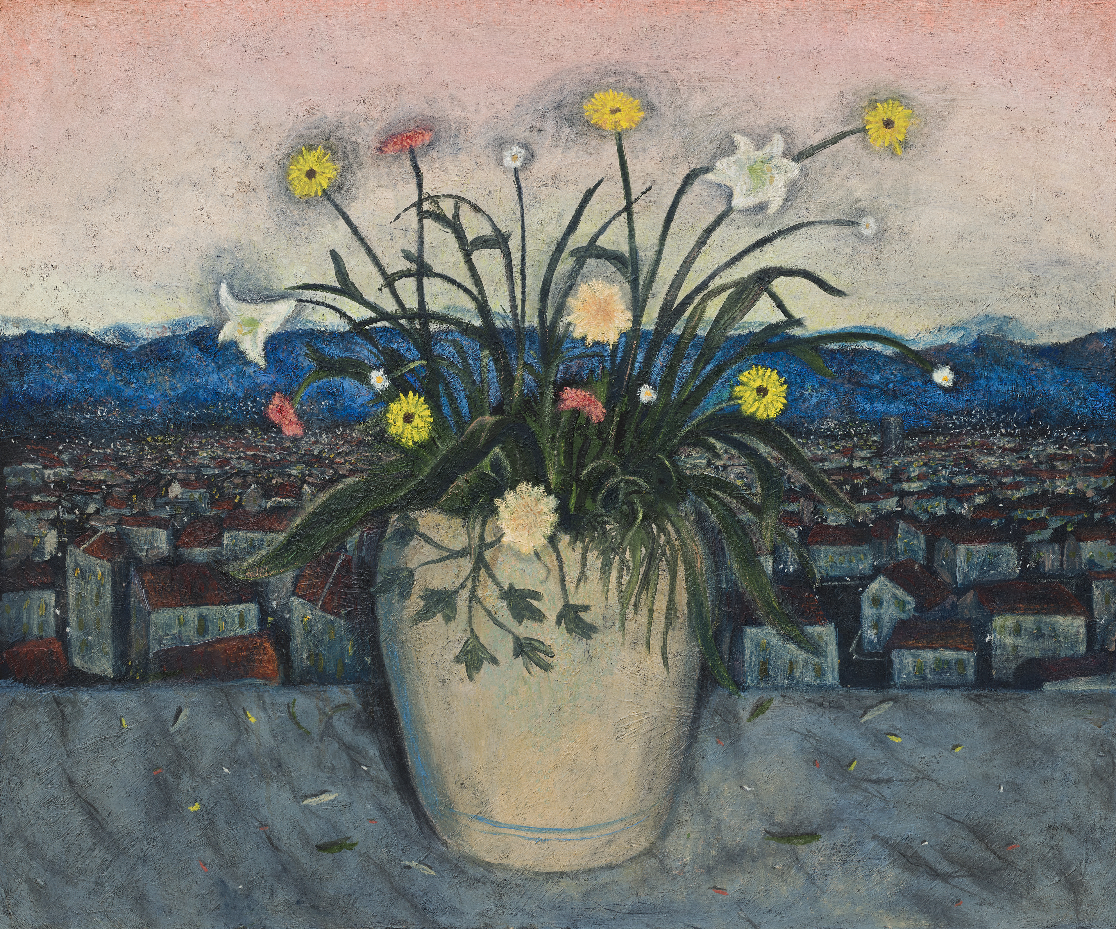 Giulio Noccesi, Natura morta con paesaggio di città (Still life with city landscape), 2026, oil on canvas,  110x100cm
