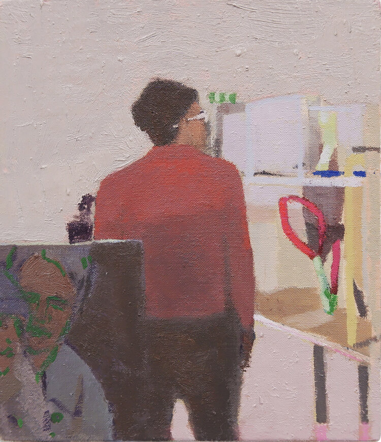 Franz West retrospective (2019), oil on liner, 20 x 17 cm