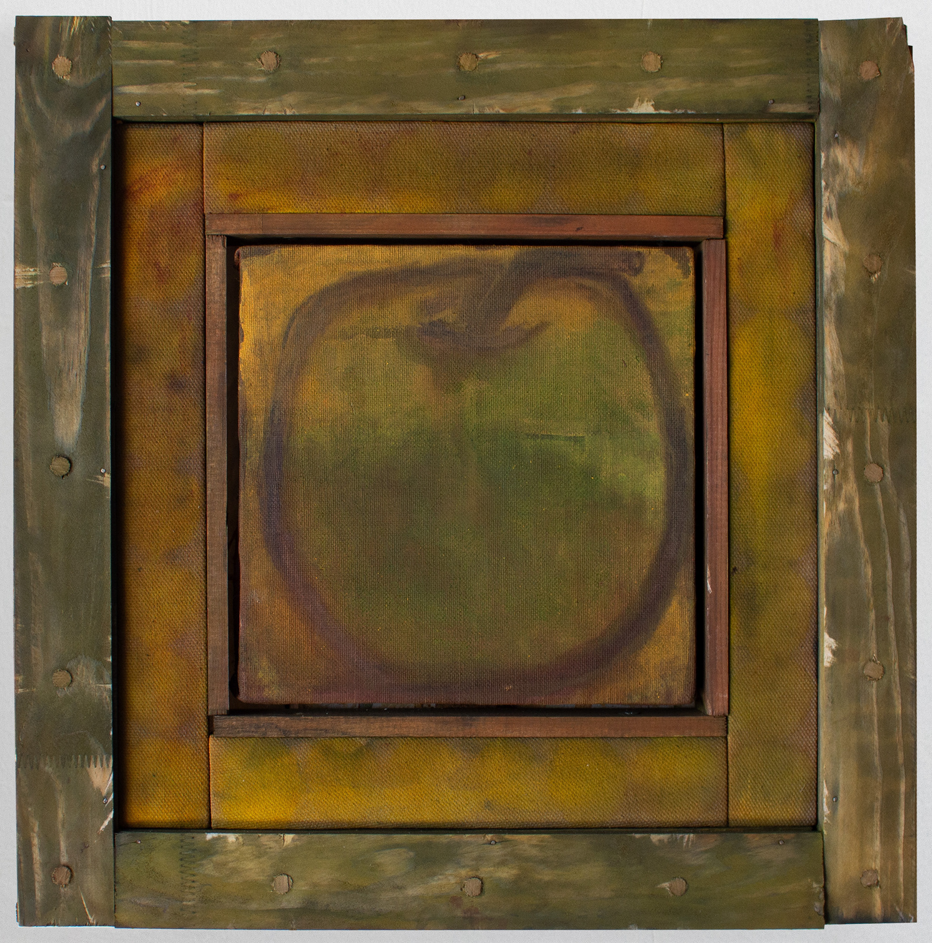 Maxime Testu, La pomme, 2025, pigments, fusains, encres, bois, 40 x 40 cm