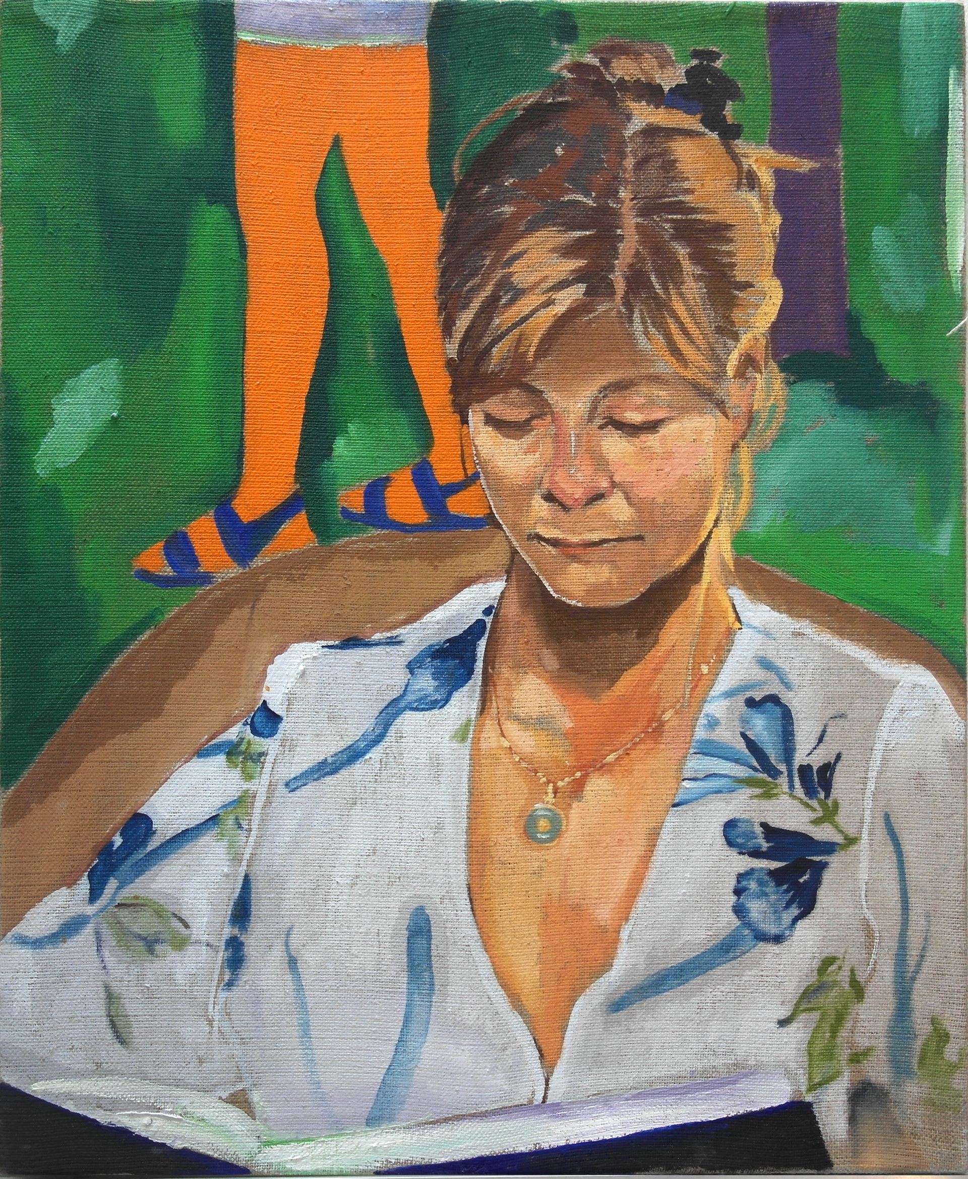Thibaut Bouedjoro-Camus, Solène sur peinture de Johan, 2022, détrempe et huile sur toile, 41x33 cm