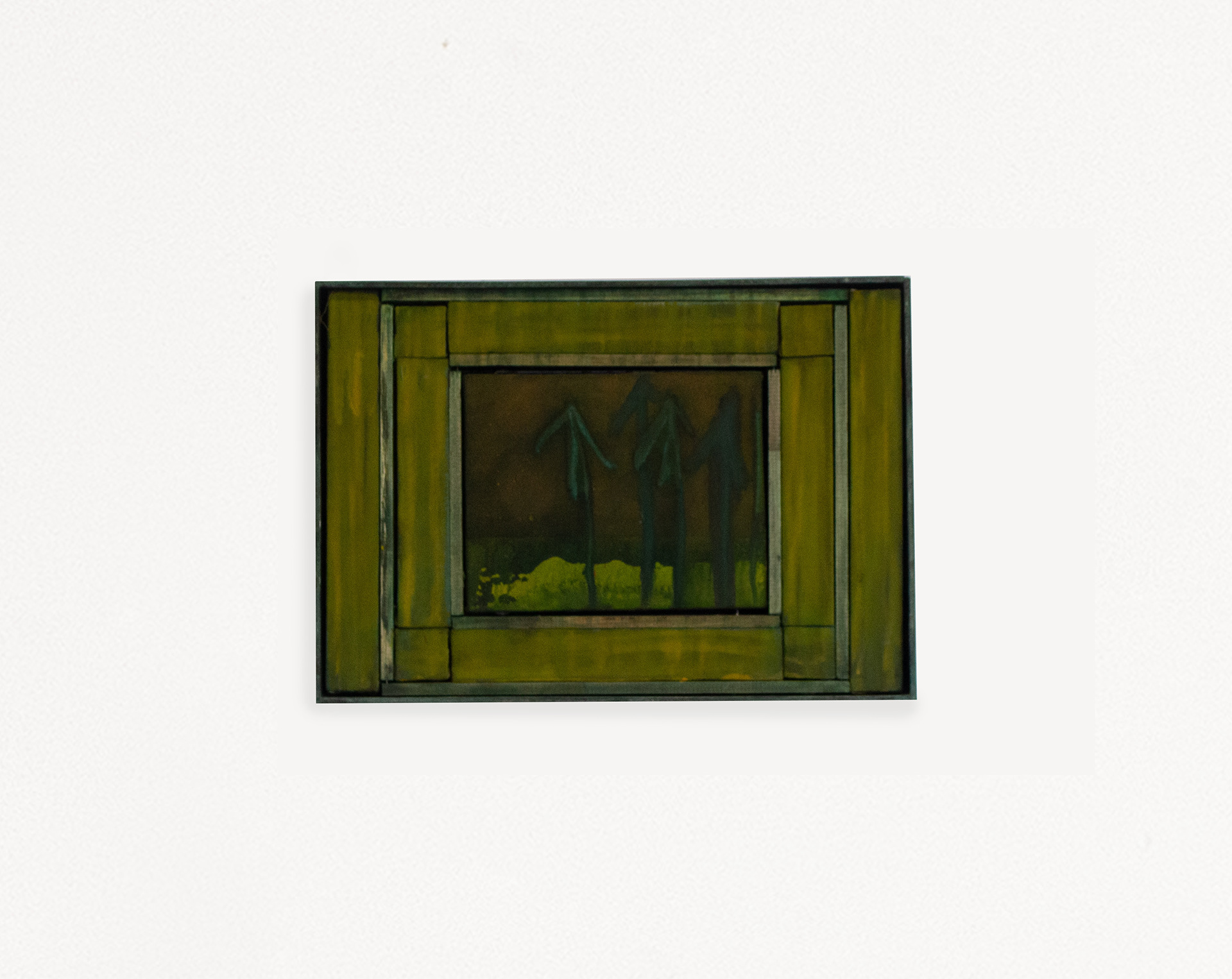 Maxime Testu  Arbres verts, 2025 , pigments, charcoal, ink on wood, 35 x 50 cm  